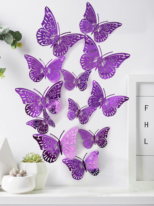 art- 12pcs 3D Butterfly Wall Sticker, Purple Hollow PVC Butterfly Sticker For Home Decor