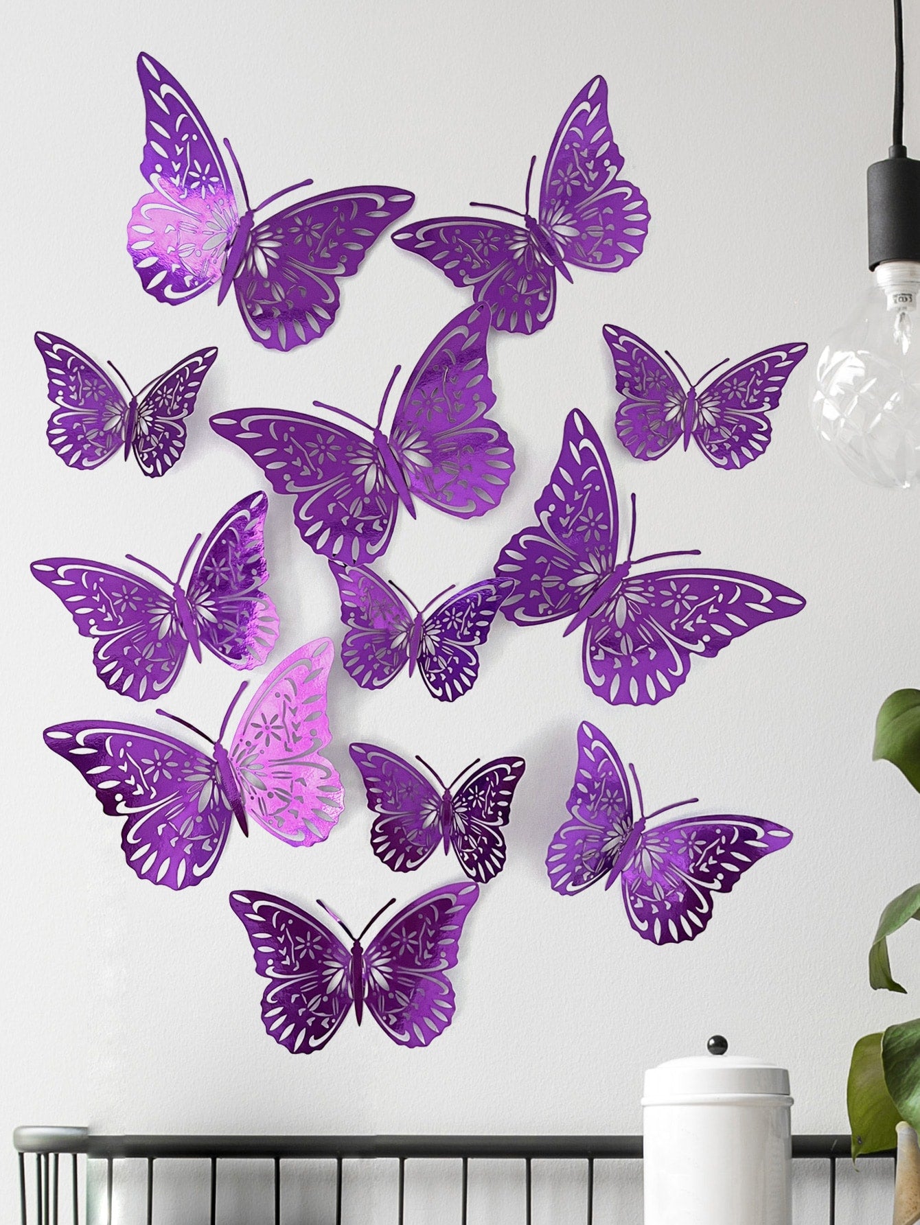 art- 12pcs 3D Butterfly Wall Sticker, Purple Hollow PVC Butterfly Sticker For Home Decor