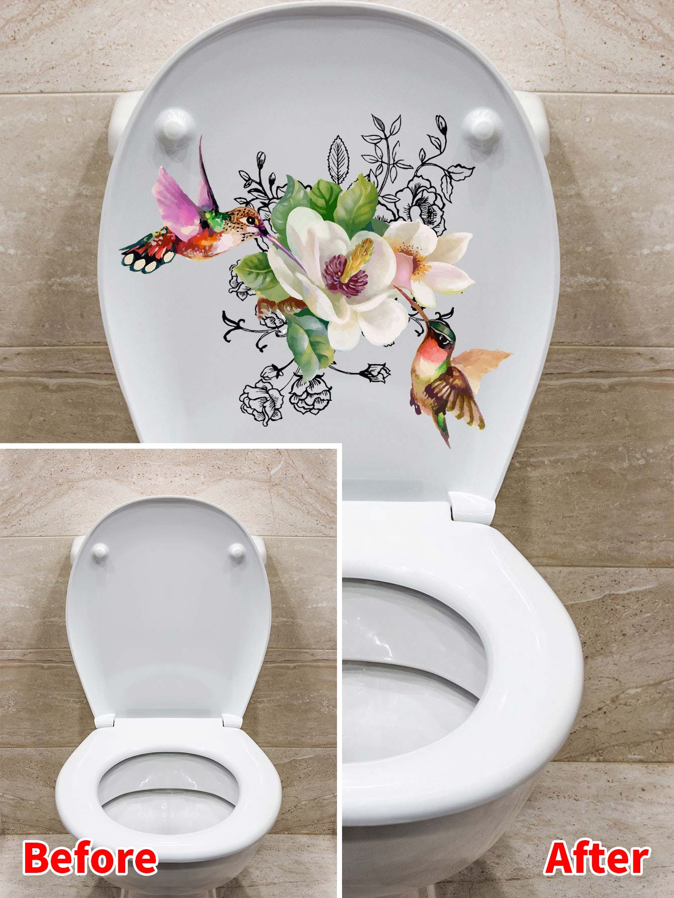 art- 1pc PVC Toilet Lid Decal, Bird & Floral Pattern Toilet Stool Commode Sticker For Bathroom