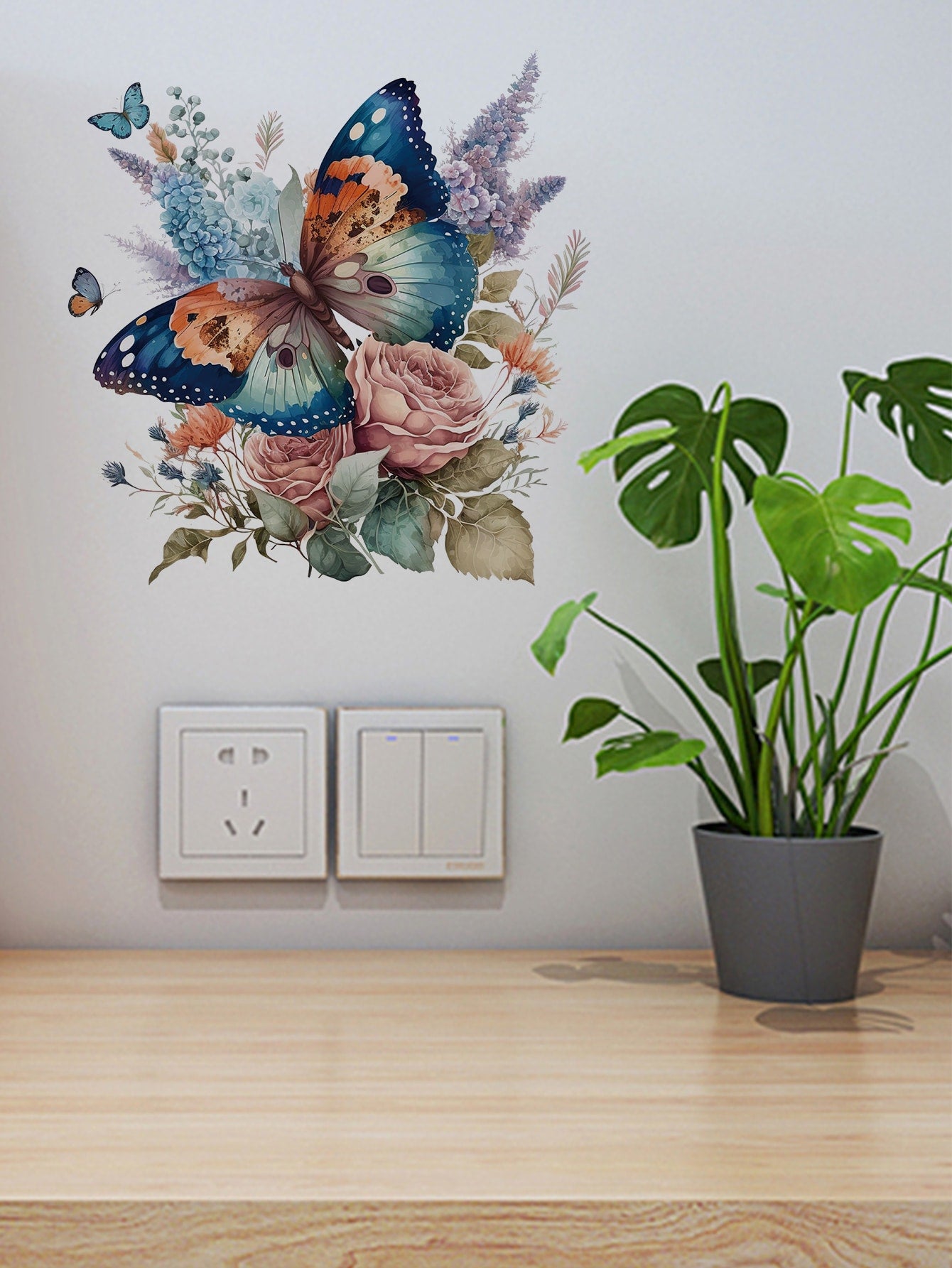 art- 1pc Self-adhesive Pvc Wall Sticker For Room/living Room Wall Decoration, Featuring Butterfly & Flower Pattern