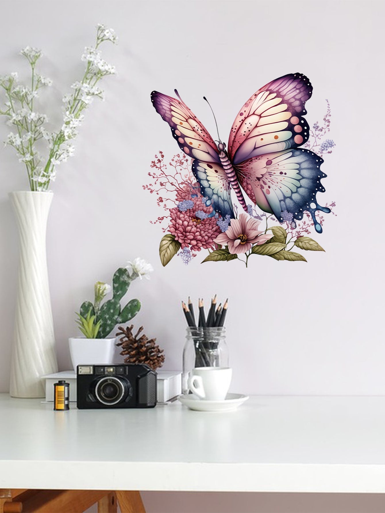 art- 1pc Self-adhesive Pvc Wall Sticker For Room/living Room Wall Decoration, Featuring Butterfly & Flower Pattern