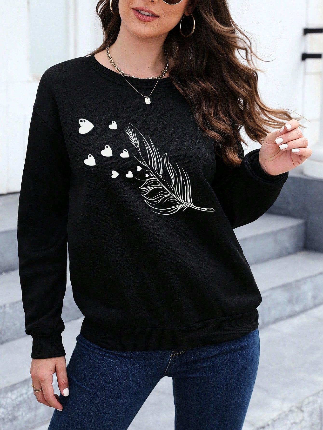 S- Essnce Women's Tree Leaf & Heart Patterned Casual Pullover Long Sleeve Sweatshirt - Smartify4u