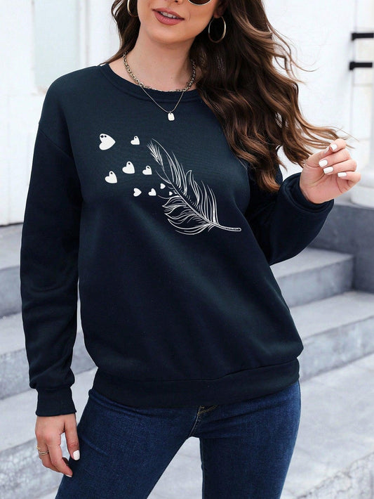 S- Essnce Women's Tree Leaf & Heart Patterned Casual Pullover Long Sleeve Sweatshirt - Smartify4u