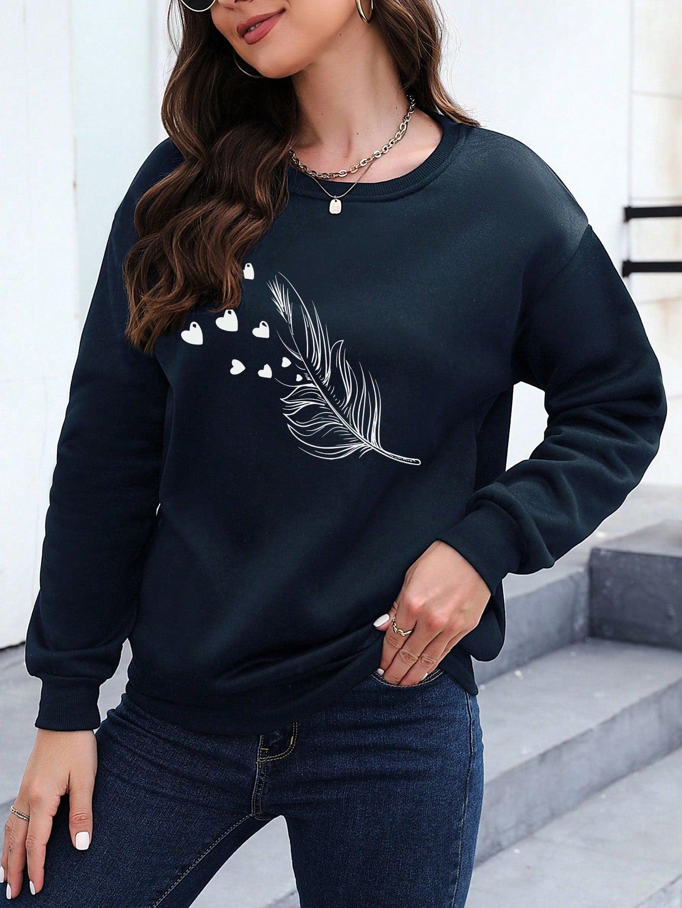 S- Essnce Women's Tree Leaf & Heart Patterned Casual Pullover Long Sleeve Sweatshirt - Smartify4u