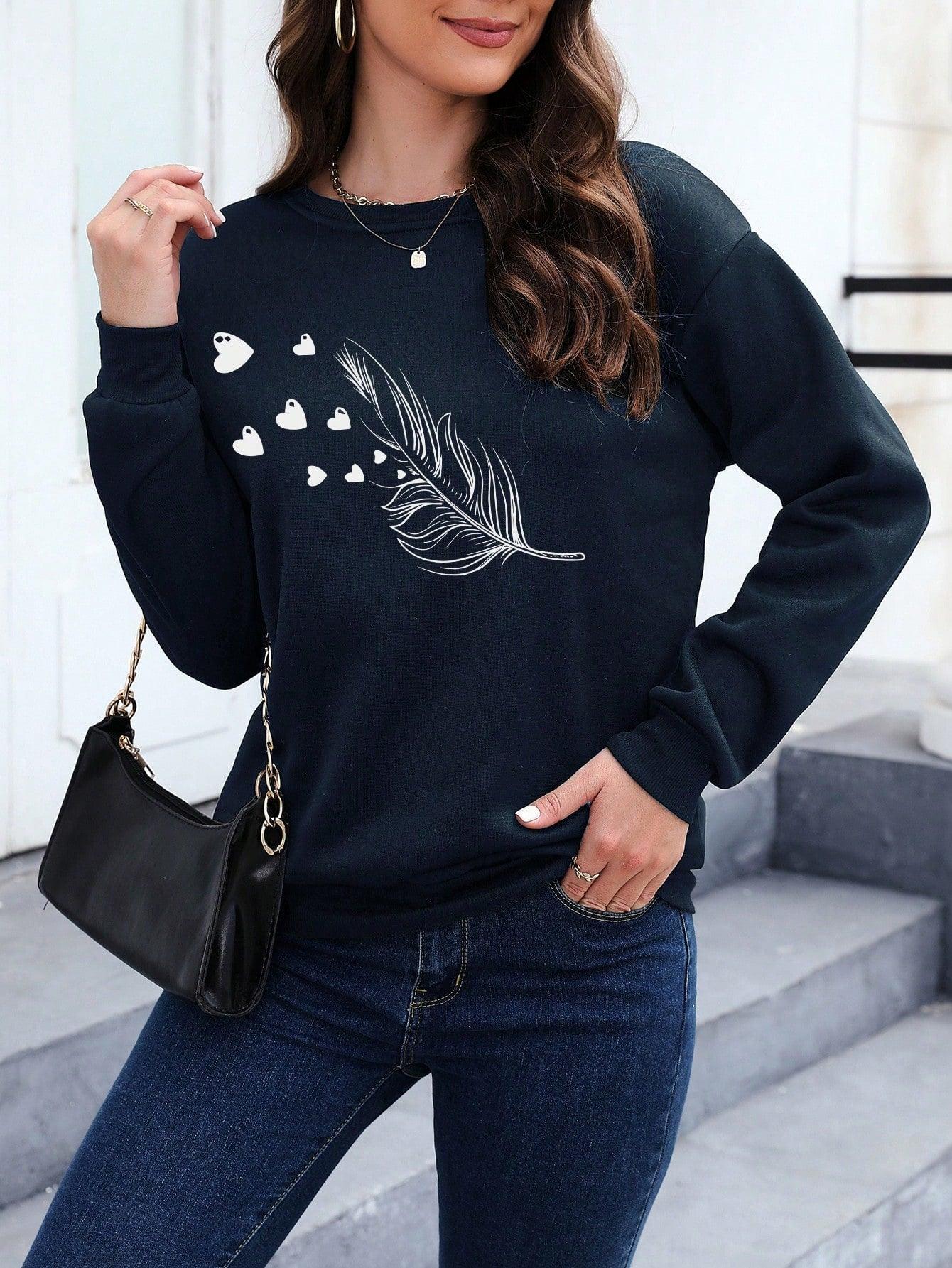 S- Essnce Women's Tree Leaf & Heart Patterned Casual Pullover Long Sleeve Sweatshirt - Smartify4u