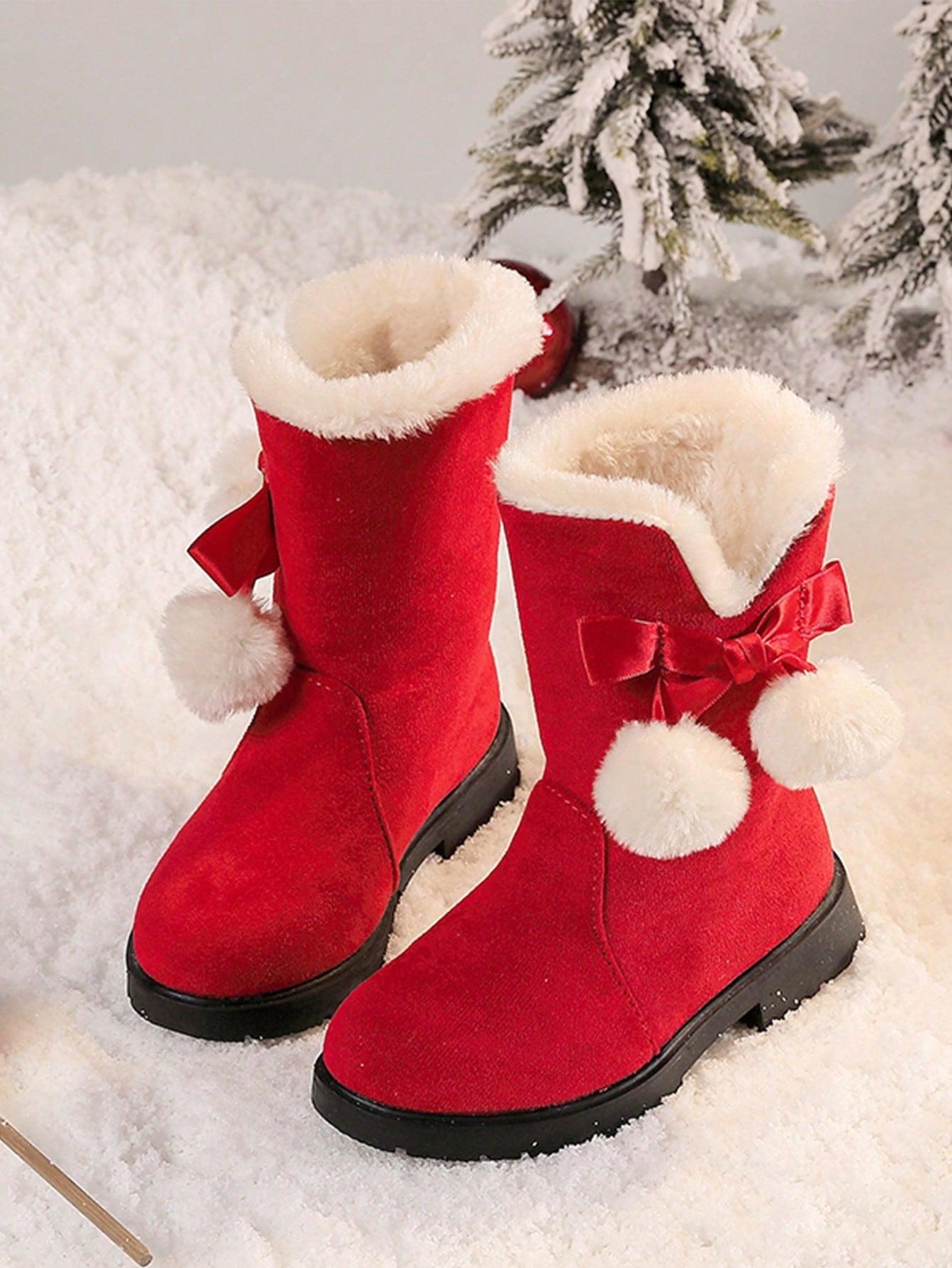 1- Girls Winter Boots Princess Snow Boots New Fashion Bow High-Top Boots Mid-Calf Thick Warm Snow Boots For Christmas, Red Color, Suitable For Little Girls - Smartify4u