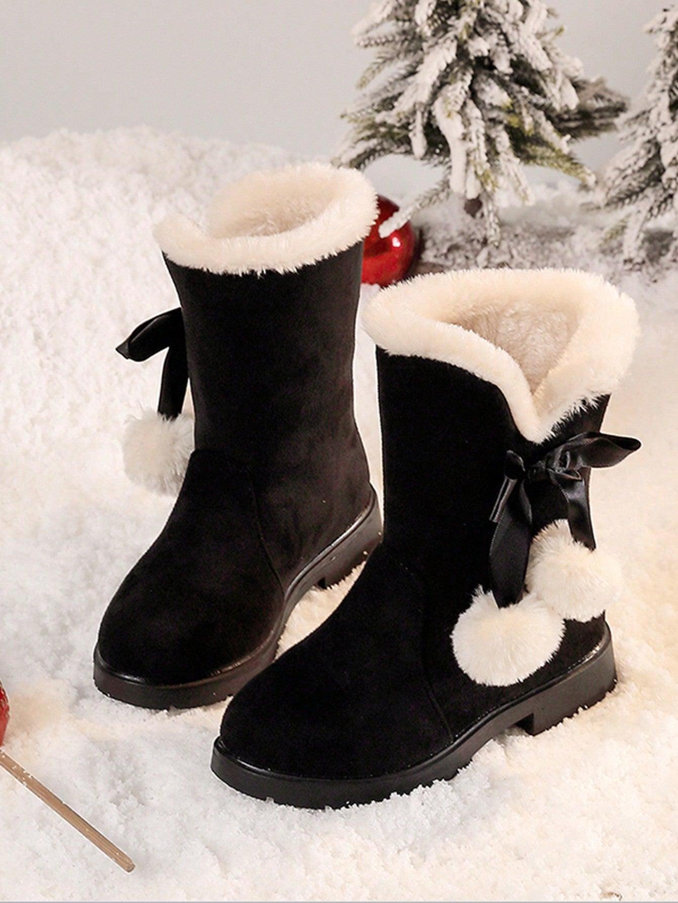 1- Girls Winter Boots Princess Snow Boots New Fashion Bow High-Top Boots Mid-Calf Thick Warm Snow Boots For Christmas, Red Color, Suitable For Little Girls - Smartify4u