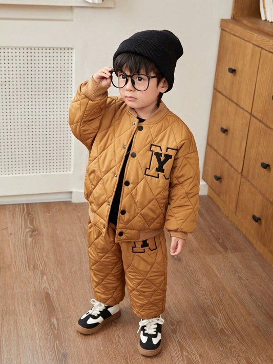 2pcs Loose Fit Young Boys Casual Khaki Plaid Pattern Fleece-Lined Long Sleeve Baseball Jacket And Pants Set, Suitable For Outgoing, School, Daily Gathering, Fall/Winter - Smartify4u