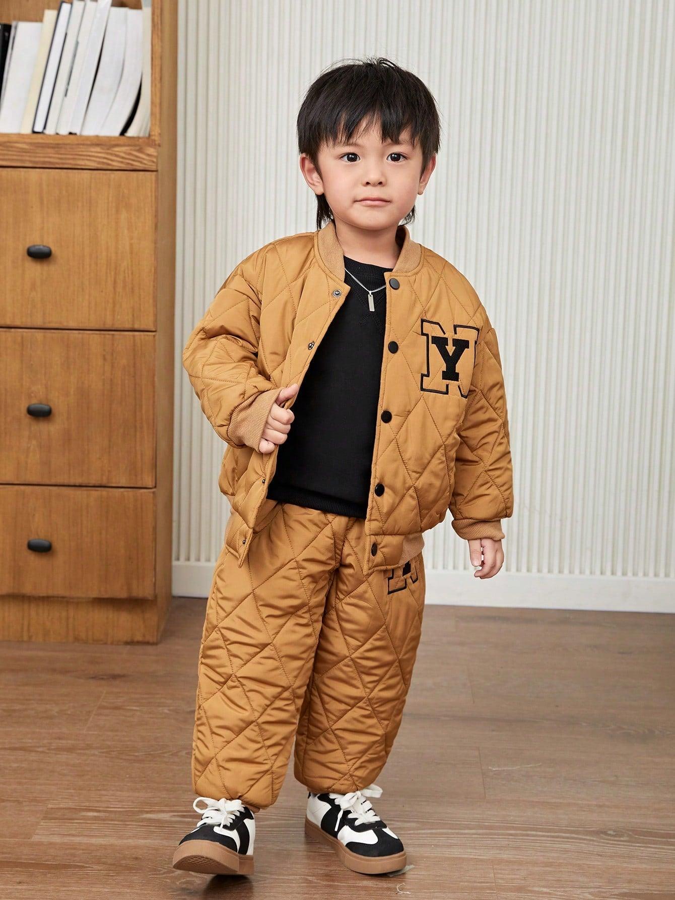 2pcs Loose Fit Young Boys Casual Khaki Plaid Pattern Fleece-Lined Long Sleeve Baseball Jacket And Pants Set, Suitable For Outgoing, School, Daily Gathering, Fall/Winter - Smartify4u