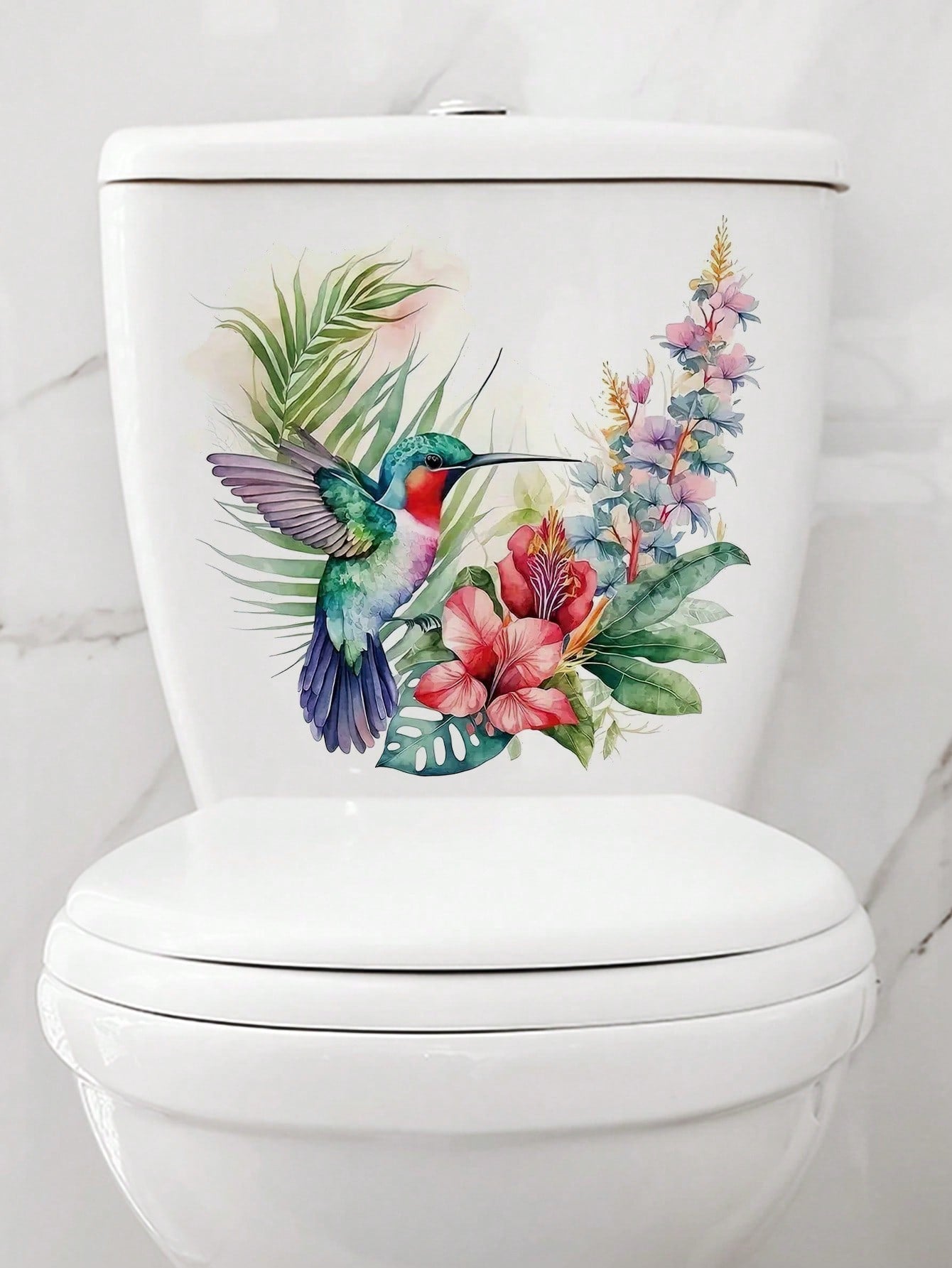 art- 1pc PVC Toilet Lid Decal, Bird & Floral Pattern Toilet Stool Commode Sticker For Bathroom