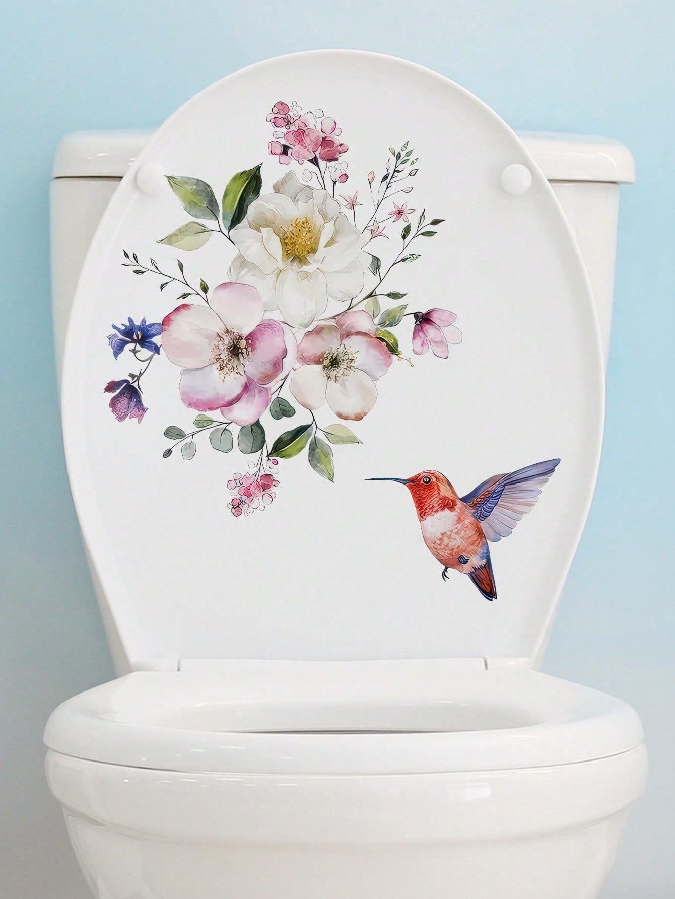 art- 1pc PVC Toilet Lid Decal, Bird & Floral Pattern Toilet Stool Commode Sticker For Bathroom