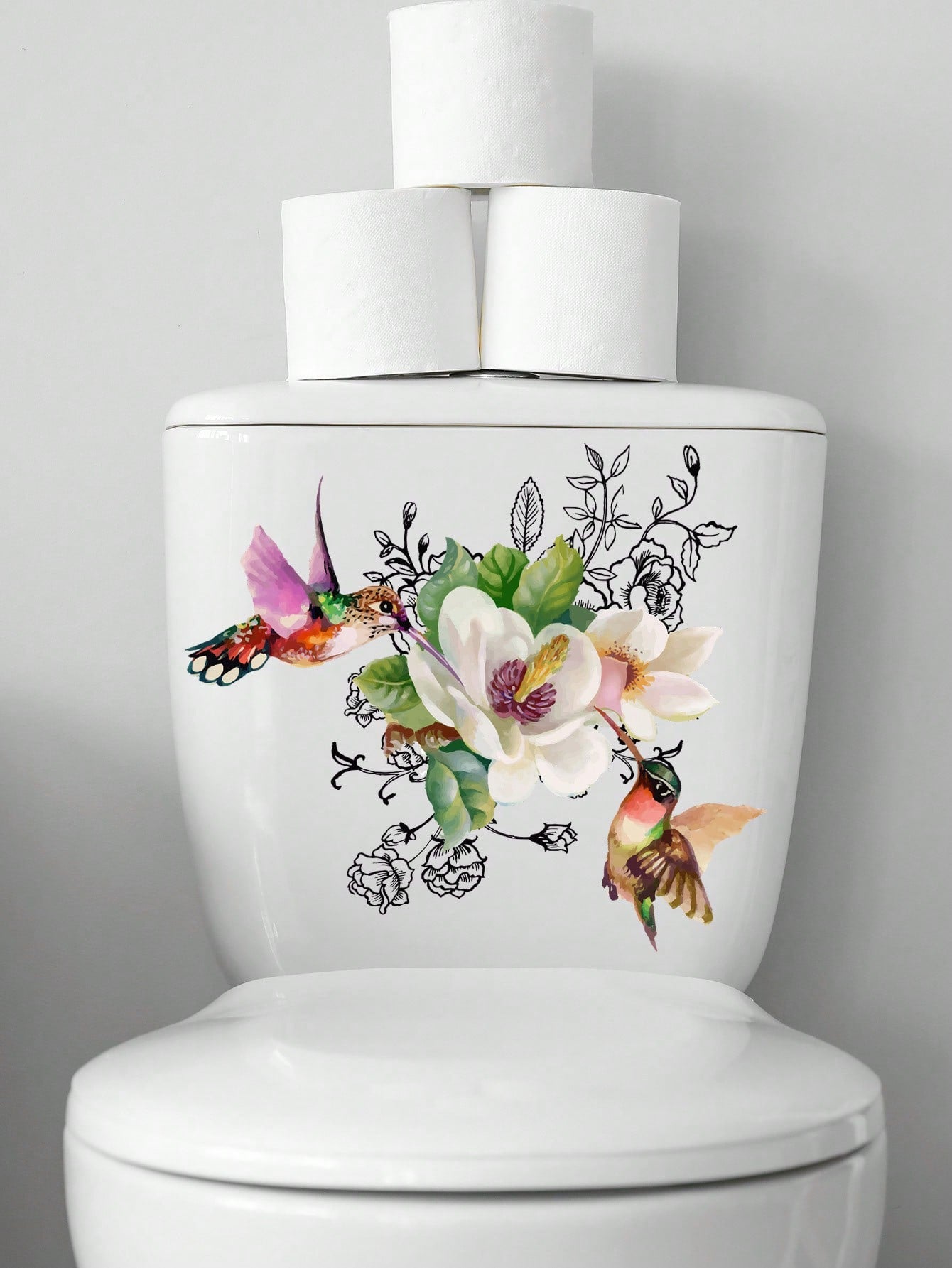 art- 1pc PVC Toilet Lid Decal, Bird & Floral Pattern Toilet Stool Commode Sticker For Bathroom