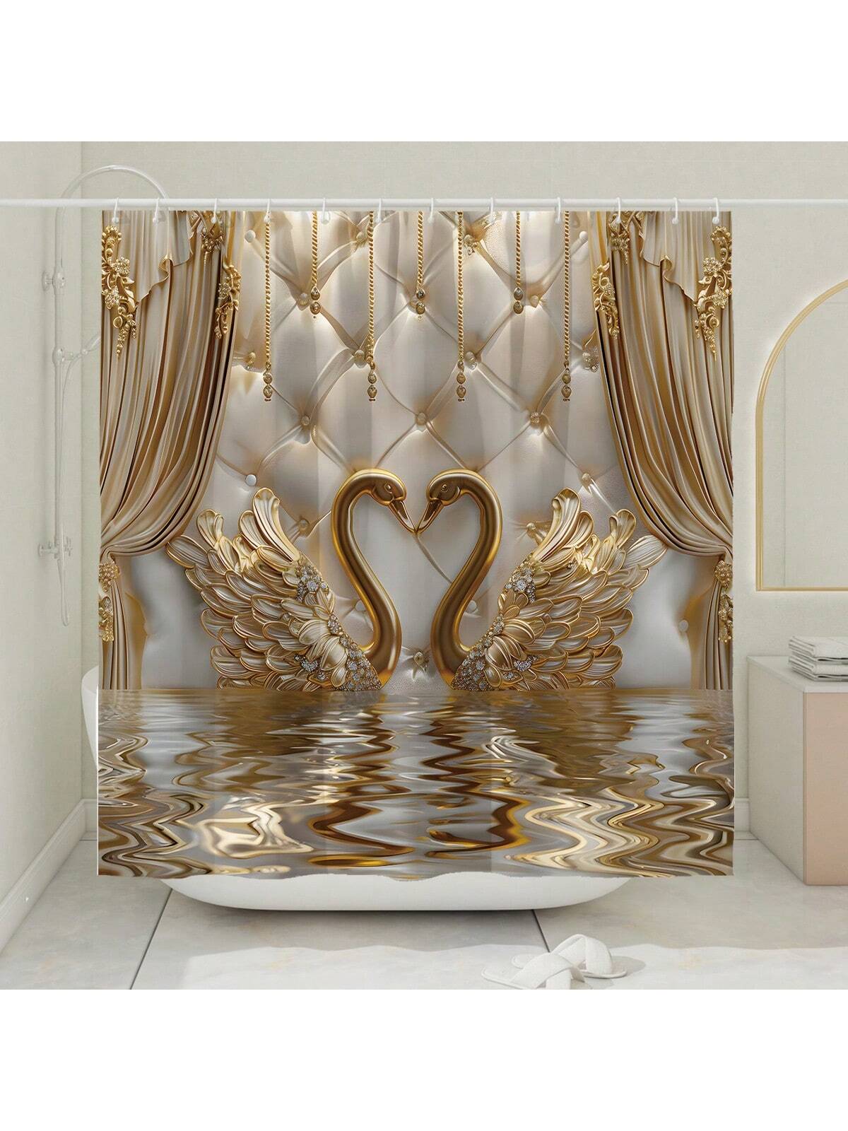 art- 1/4pcs Polyester Waterproof Machine Washable 3d Luxury Shower Curtain Set Swan Drape Gold White Non-Slip Bathmat U-Shape Toilet Mat Lid Cover 71*71 Inch Bathroom Decor