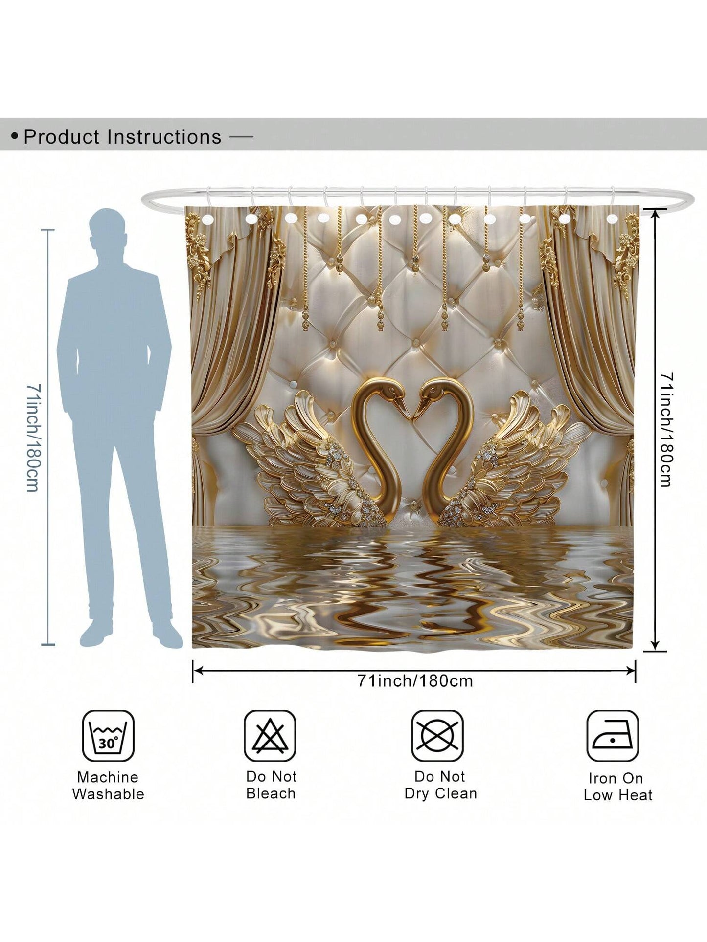 art- 1/4pcs Polyester Waterproof Machine Washable 3d Luxury Shower Curtain Set Swan Drape Gold White Non-Slip Bathmat U-Shape Toilet Mat Lid Cover 71*71 Inch Bathroom Decor