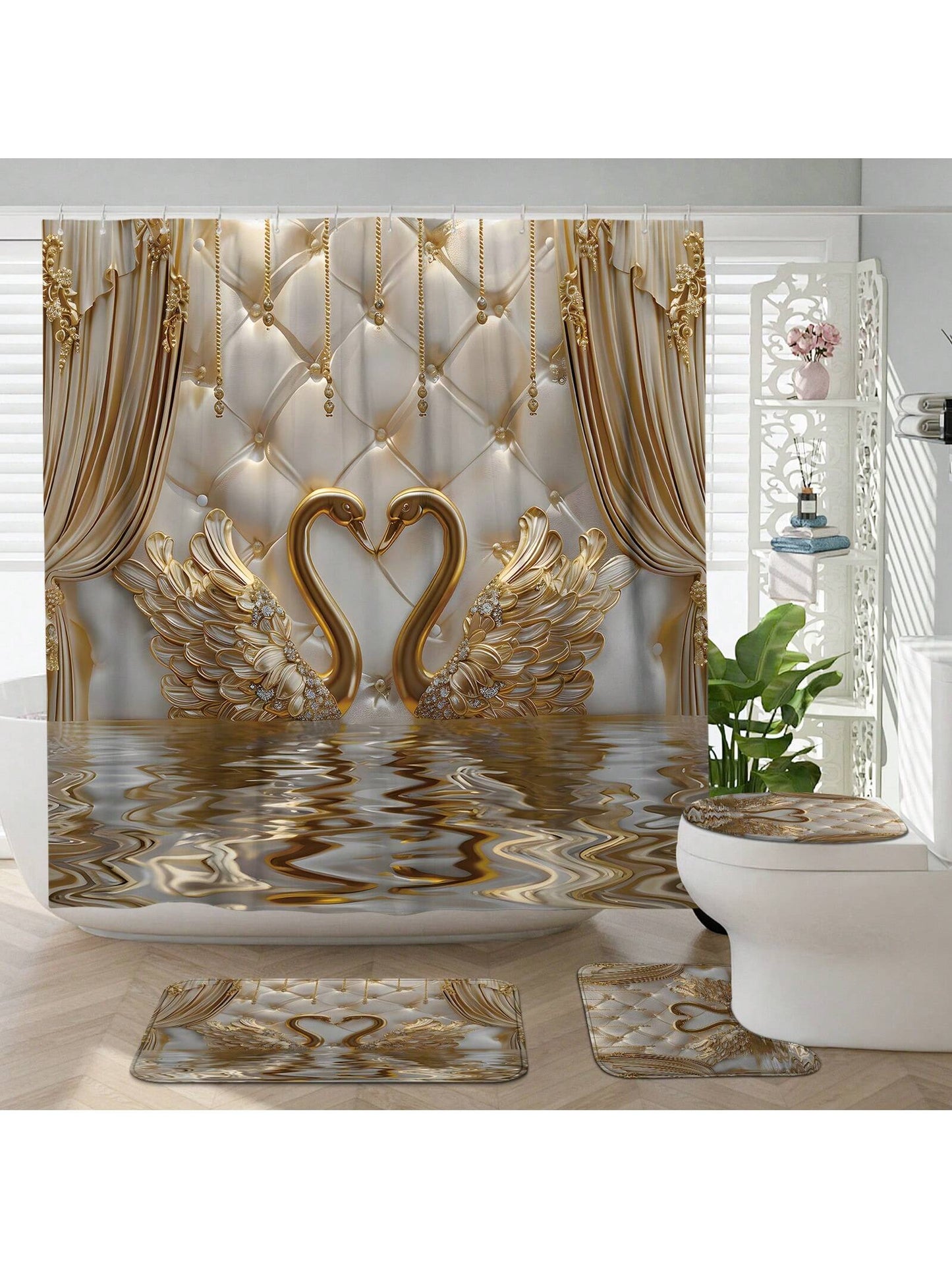 art- 1/4pcs Polyester Waterproof Machine Washable 3d Luxury Shower Curtain Set Swan Drape Gold White Non-Slip Bathmat U-Shape Toilet Mat Lid Cover 71*71 Inch Bathroom Decor