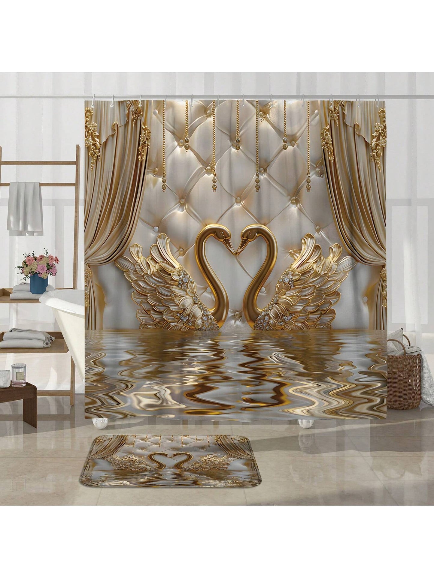 art- 1/4pcs Polyester Waterproof Machine Washable 3d Luxury Shower Curtain Set Swan Drape Gold White Non-Slip Bathmat U-Shape Toilet Mat Lid Cover 71*71 Inch Bathroom Decor