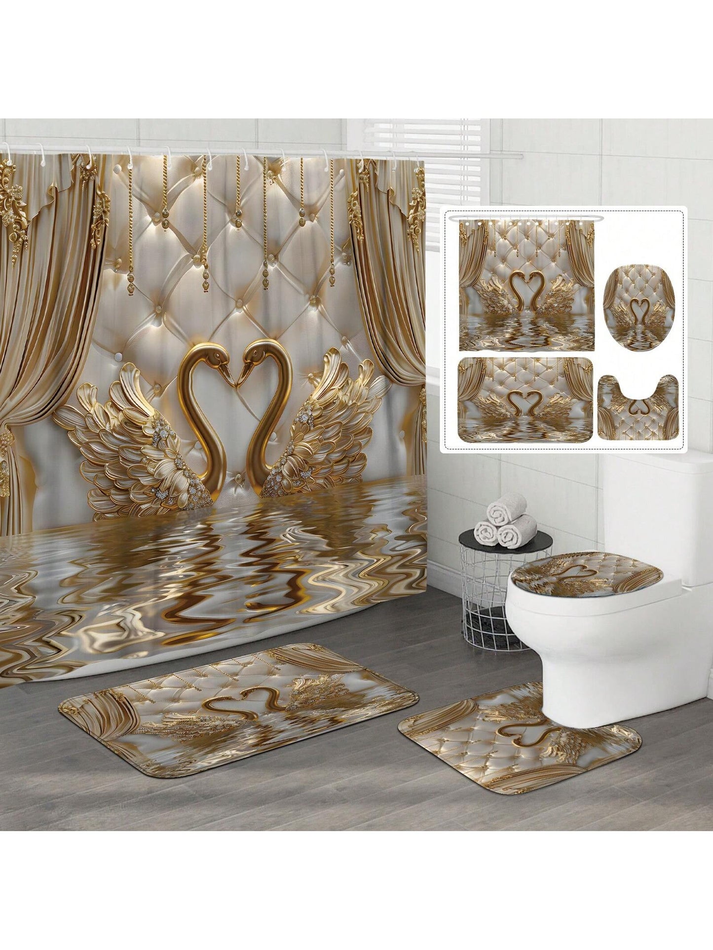 art- 1/4pcs Polyester Waterproof Machine Washable 3d Luxury Shower Curtain Set Swan Drape Gold White Non-Slip Bathmat U-Shape Toilet Mat Lid Cover 71*71 Inch Bathroom Decor