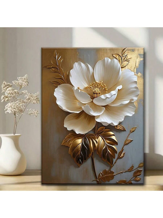 art- White Floral Canvas Wall Art - Vintage Golden Flower Wall Decor, Framed Art Painting