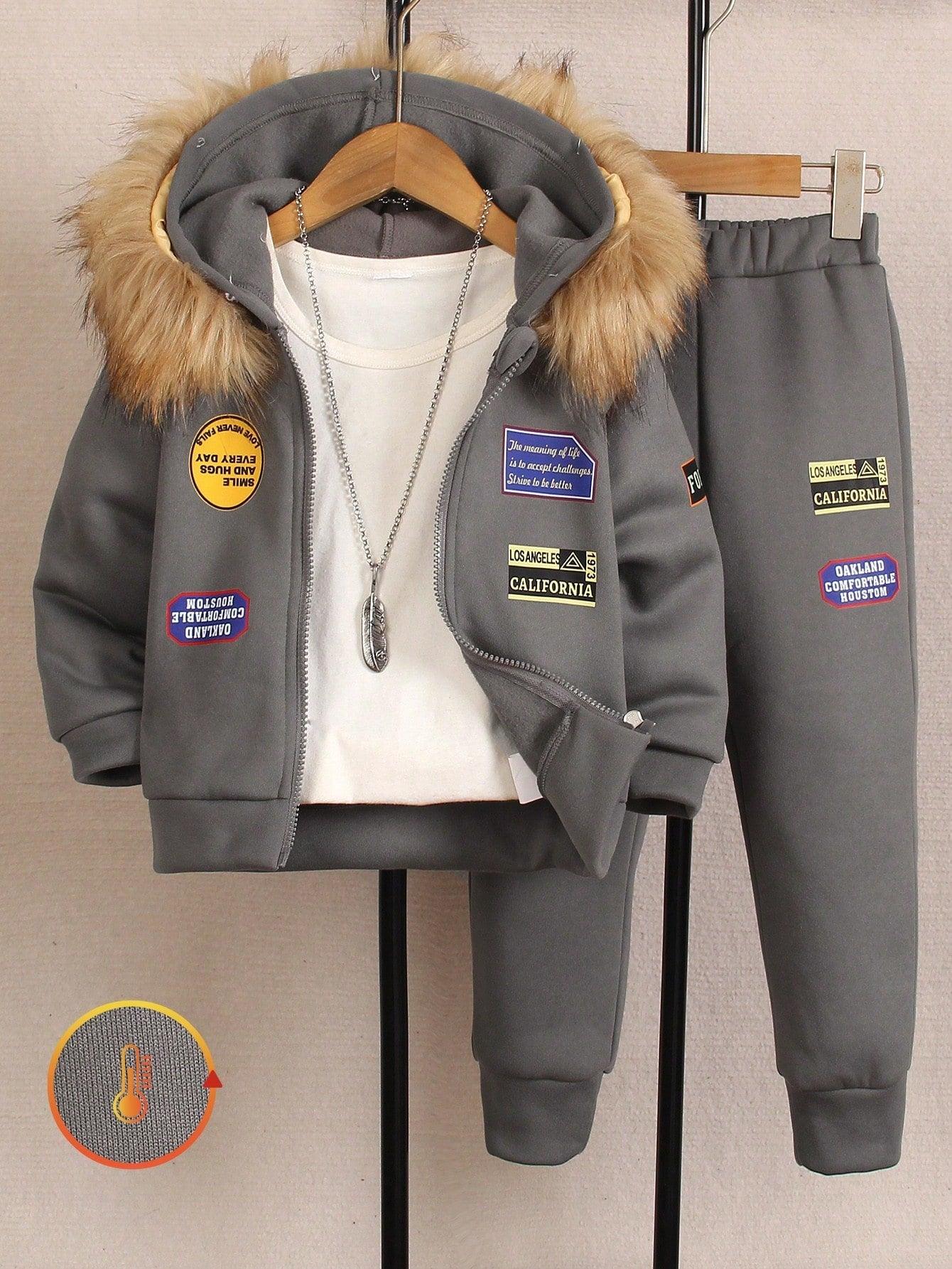 Two-piece Young Boy Set: Letter Print Fleece Jacket and Pants, Casual Autumn/Winter. - Smartify4u