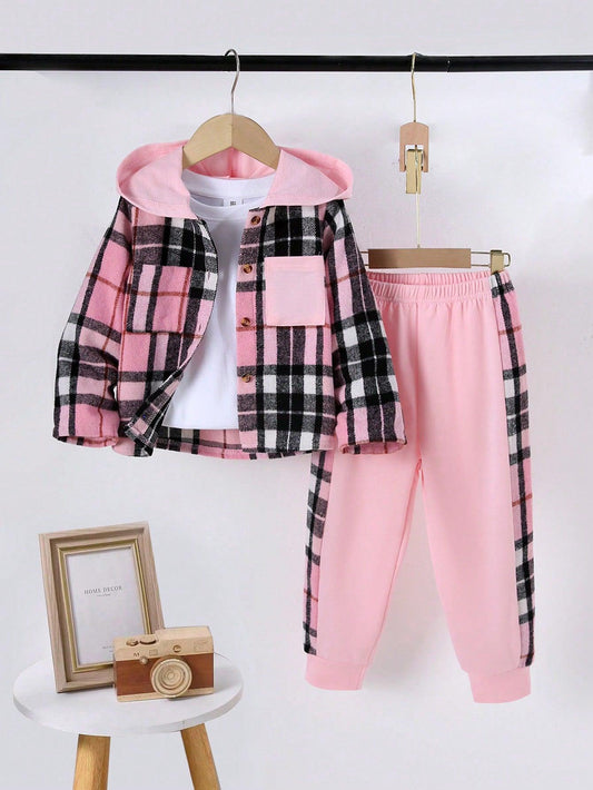 1- 2pcs Girls Young Girl Plaid Long Sleeve Hooded Top And Color Block Pants Set, New Autumn Winter 2024 Casual Warm And Comfortable Outfit - Smartify4u