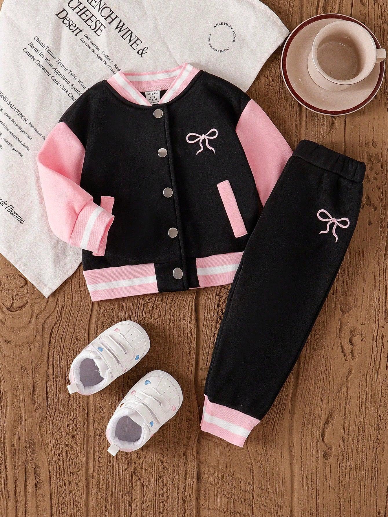 1- Baby Girl Autumn/Winter New Contrast Color Japanese Fabric Bomber Jacket & Pants Set With Butterfly Embroidery - Smartify4u