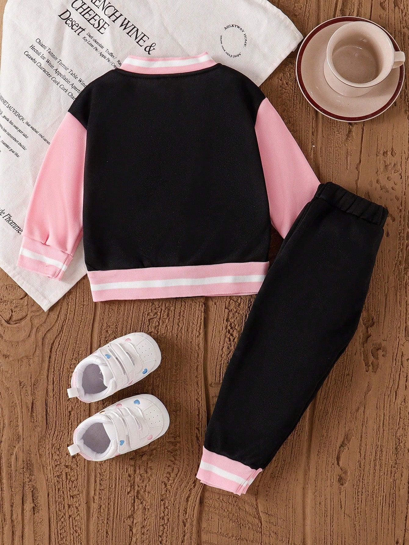 1- Baby Girl Autumn/Winter New Contrast Color Japanese Fabric Bomber Jacket & Pants Set With Butterfly Embroidery - Smartify4u