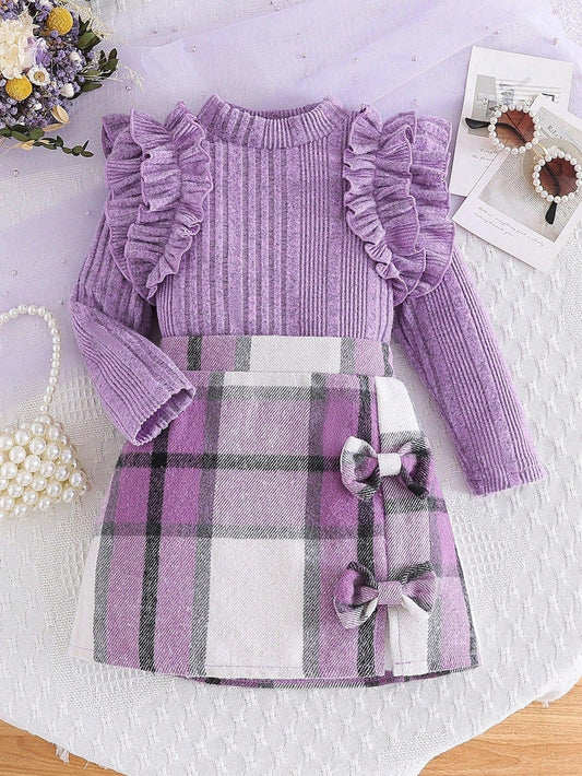 1- Young Girl New Autumn And Winter Fashion Suit, Solid Color, Cap Sleeves, Half High Collar, Ribbed Pullover & Asymmetrical Plaid Skirt, Two-Piece Suit - Smartify4u