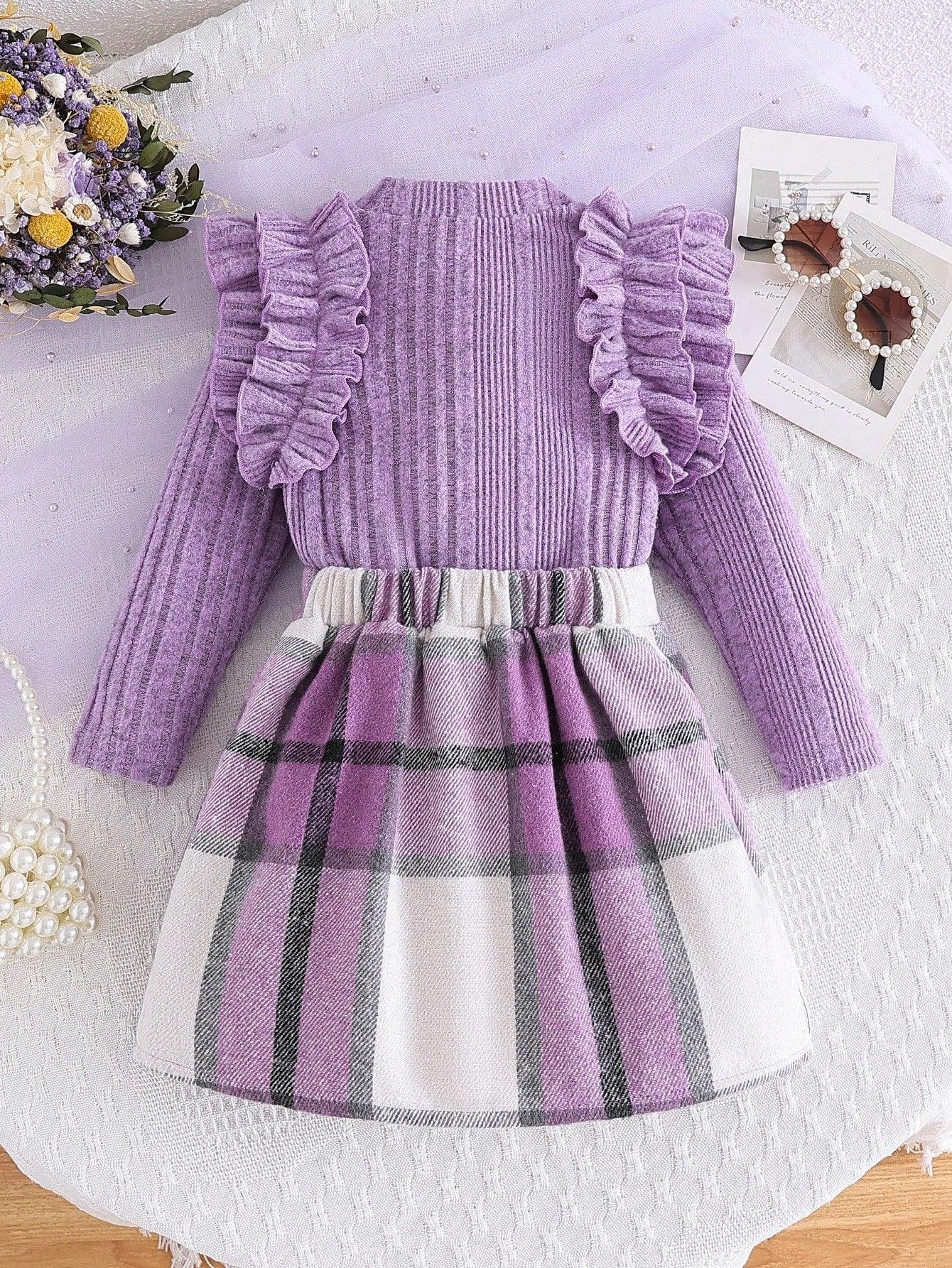 1- Young Girl New Autumn And Winter Fashion Suit, Solid Color, Cap Sleeves, Half High Collar, Ribbed Pullover & Asymmetrical Plaid Skirt, Two-Piece Suit - Smartify4u