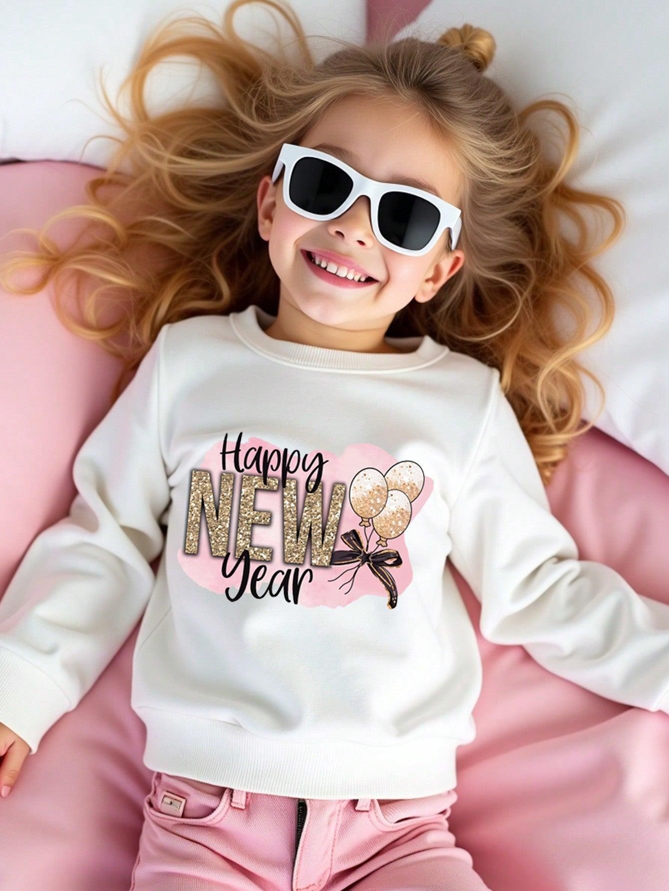 1- Young Girls Casual New Year Slogan Imitation Sequin Balloon Bow Pattern Printing Round Neck Thermal Lined Sweater Autumn And Winter New Year Party Wear Family Matching Outfits Mommy And Me(3 Pieces Are Sold Separately) - Smartify4u