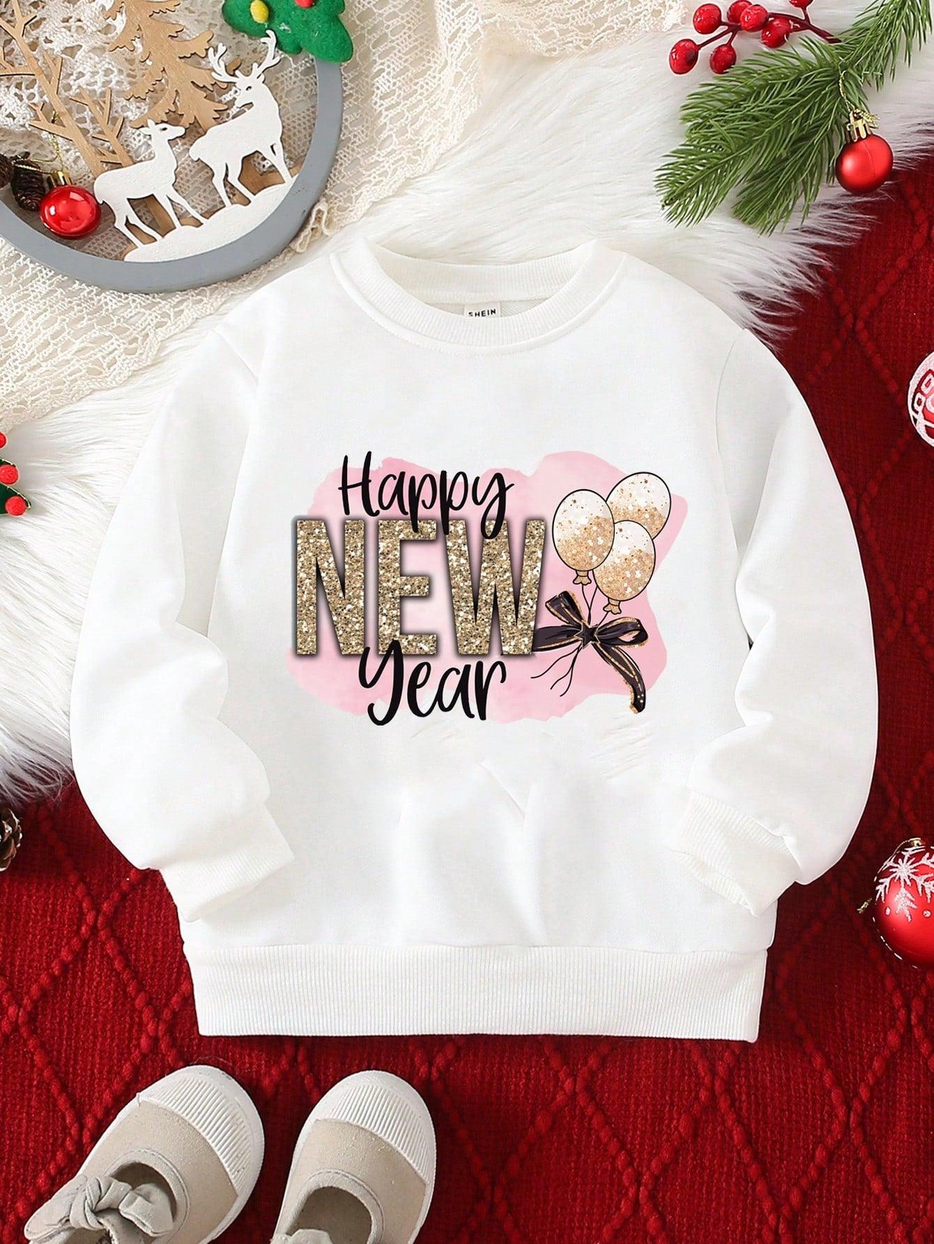 1- Young Girls Casual New Year Slogan Imitation Sequin Balloon Bow Pattern Printing Round Neck Thermal Lined Sweater Autumn And Winter New Year Party Wear Family Matching Outfits Mommy And Me(3 Pieces Are Sold Separately) - Smartify4u