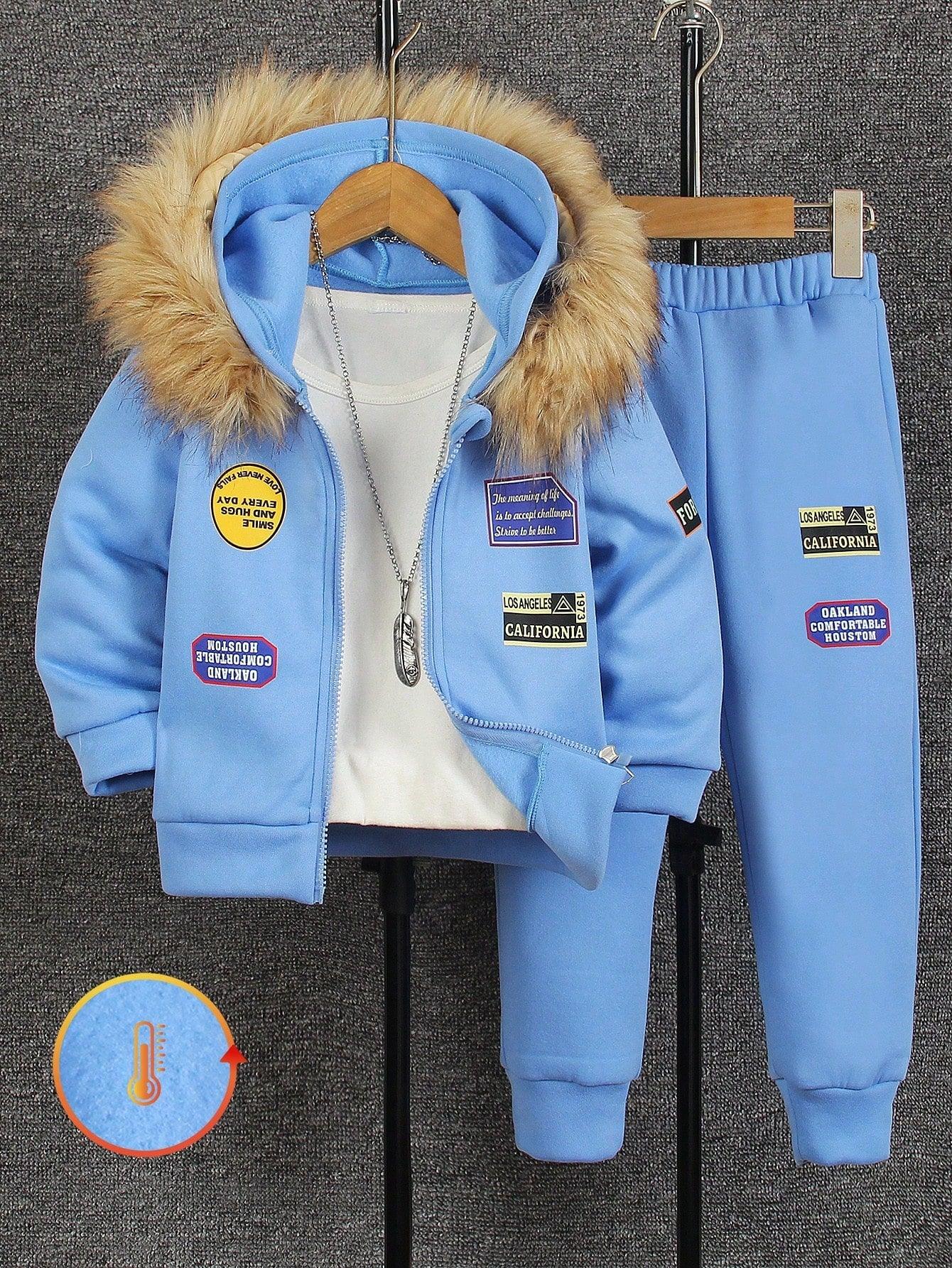 Two-piece Young Boy Set: Letter Print Fleece Jacket and Pants, Casual Autumn/Winter. - Smartify4u