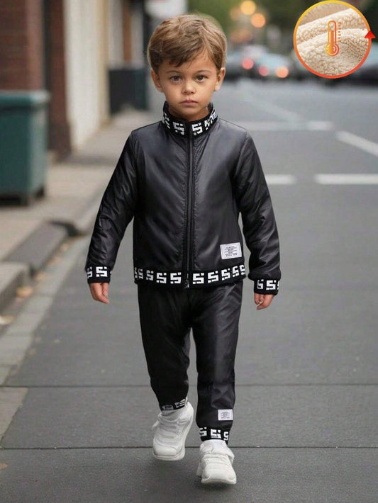 Young Boy Fleece Letter Print Zip-Up Jacket And Solid Color Pants 2-Piece Casual Outfit, Autumn/Winter - Smartify4u