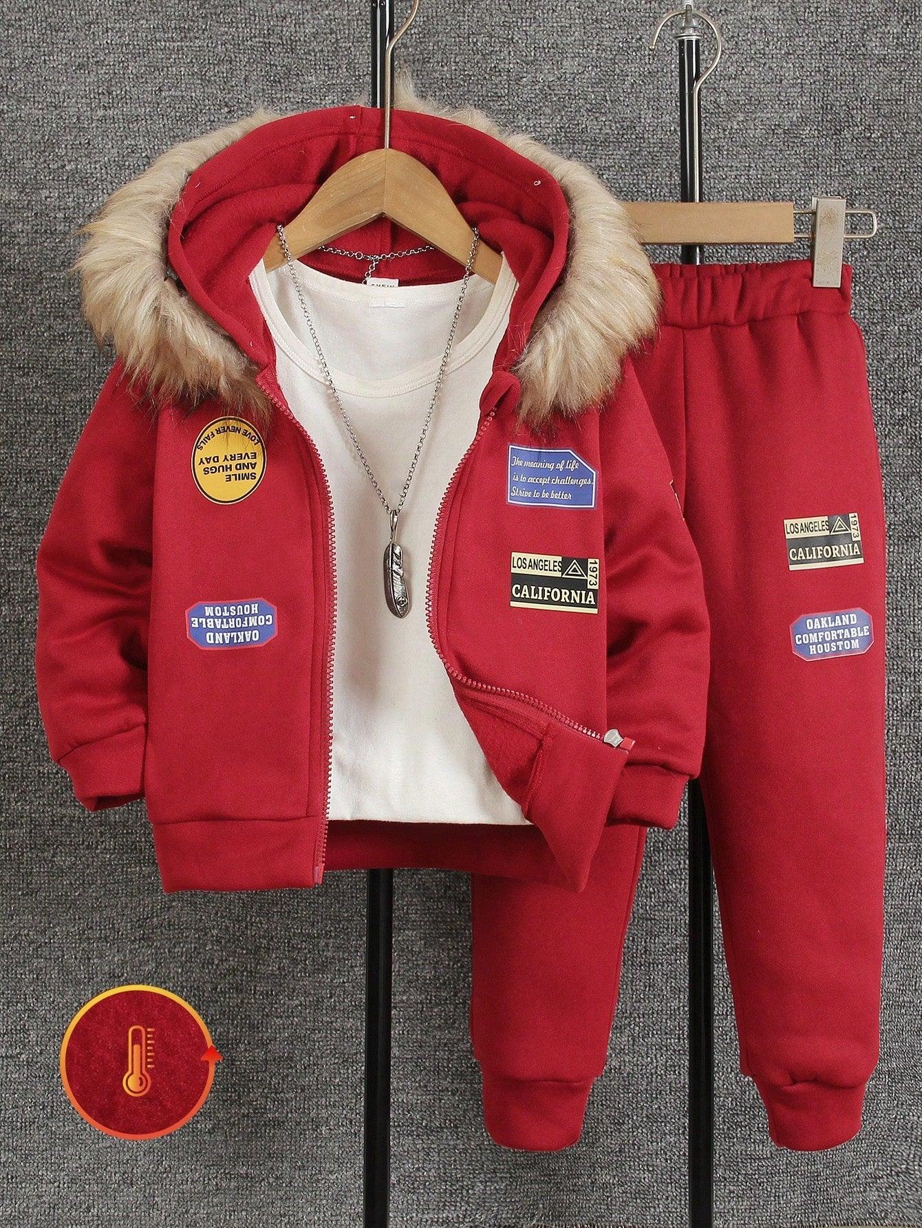 Two-piece Young Boy Set: Letter Print Fleece Jacket and Pants, Casual Autumn/Winter. - Smartify4u