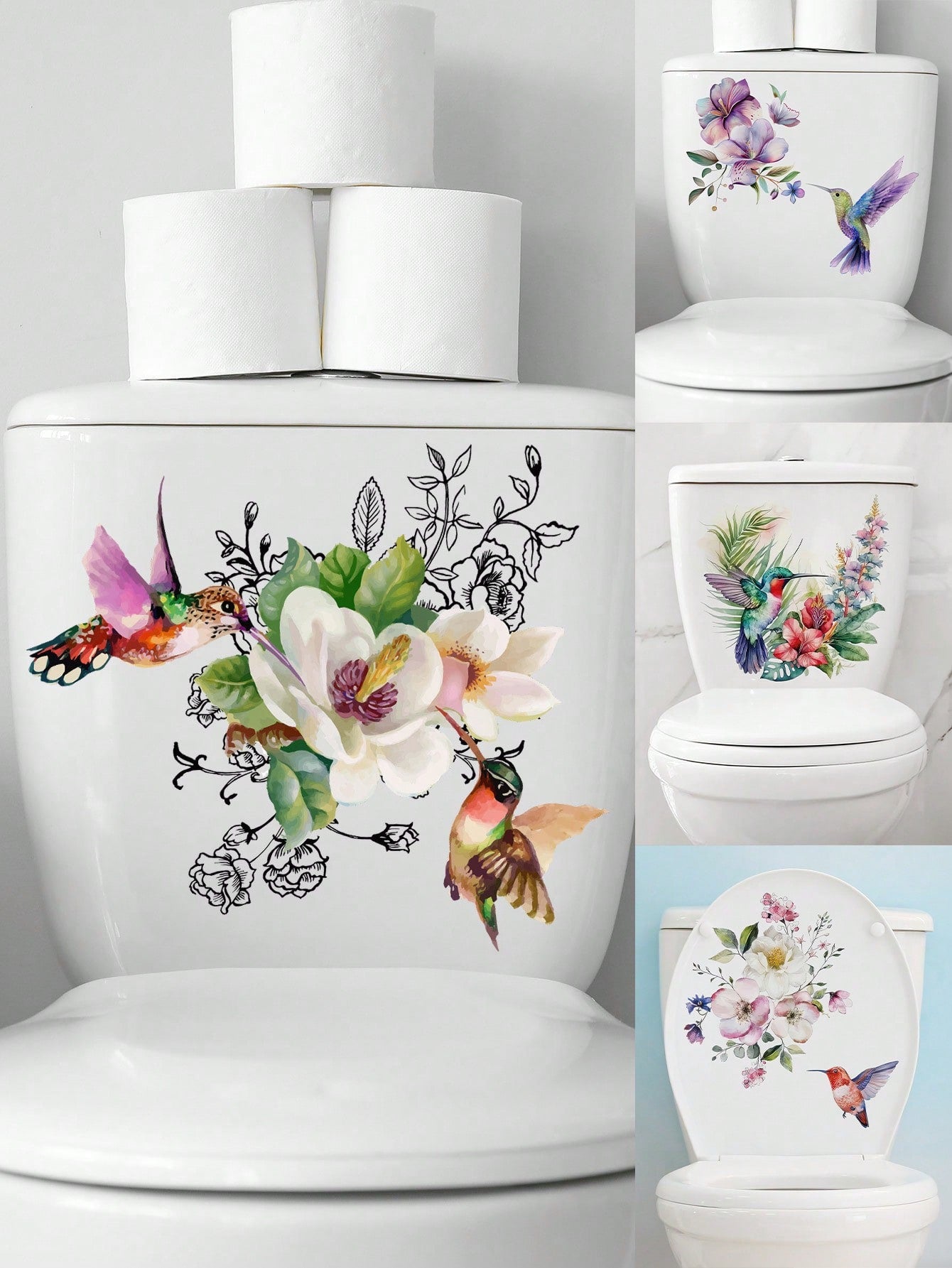 art- 1pc PVC Toilet Lid Decal, Bird & Floral Pattern Toilet Stool Commode Sticker For Bathroom