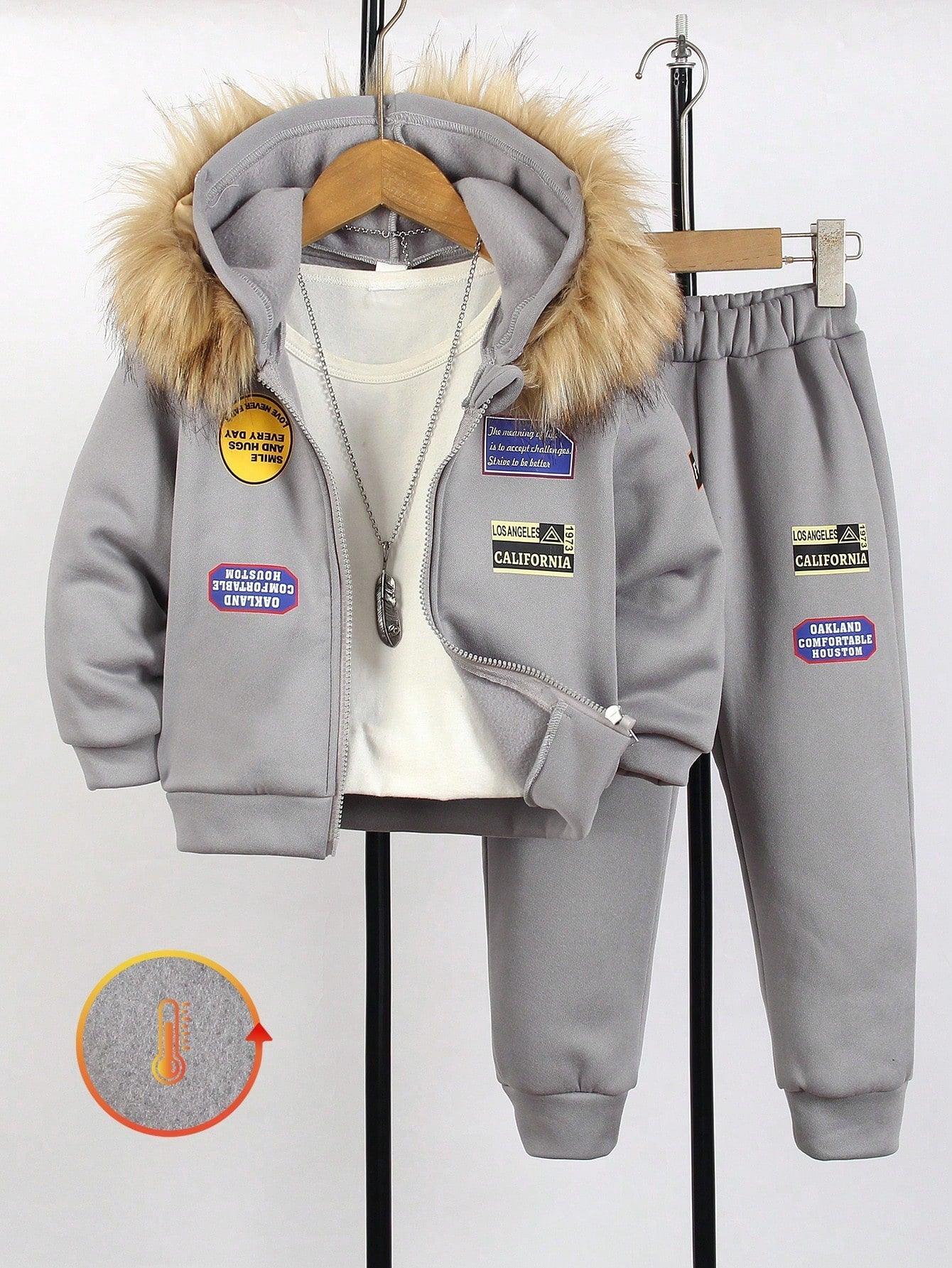 Two-piece Young Boy Set: Letter Print Fleece Jacket and Pants, Casual Autumn/Winter. - Smartify4u