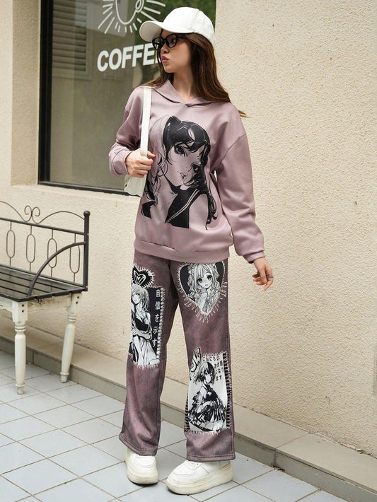 1- 2pcs/Set Teen Girls Anime Graphic Hoodie And Pants, 2024 Autumn & Winter New Outfit - Smartify4u