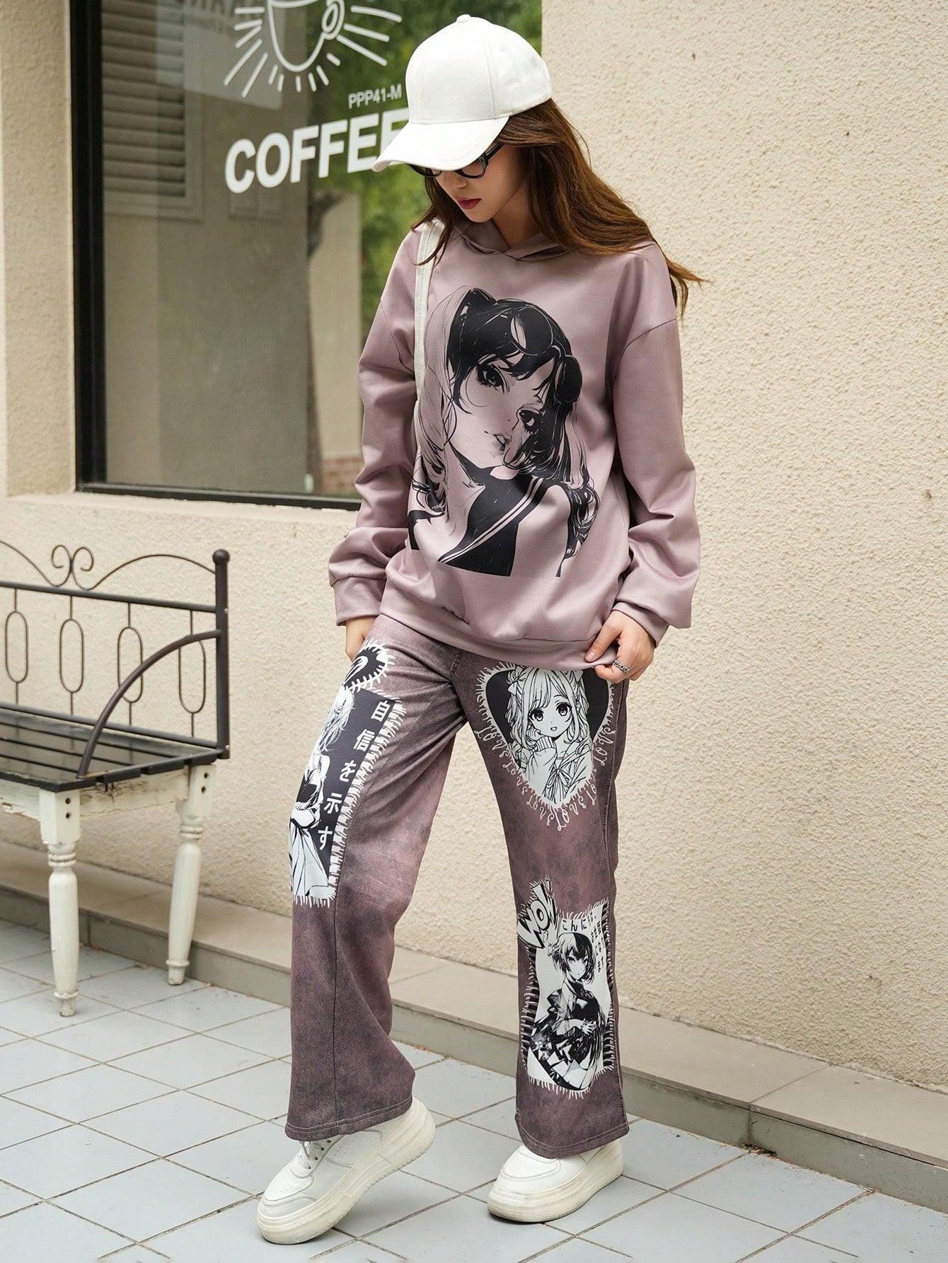 1- 2pcs/Set Teen Girls Anime Graphic Hoodie And Pants, 2024 Autumn & Winter New Outfit - Smartify4u