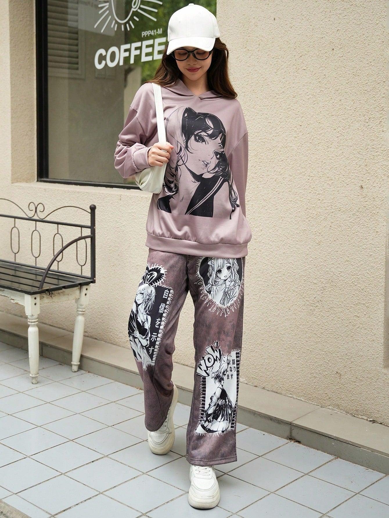 1- 2pcs/Set Teen Girls Anime Graphic Hoodie And Pants, 2024 Autumn & Winter New Outfit - Smartify4u