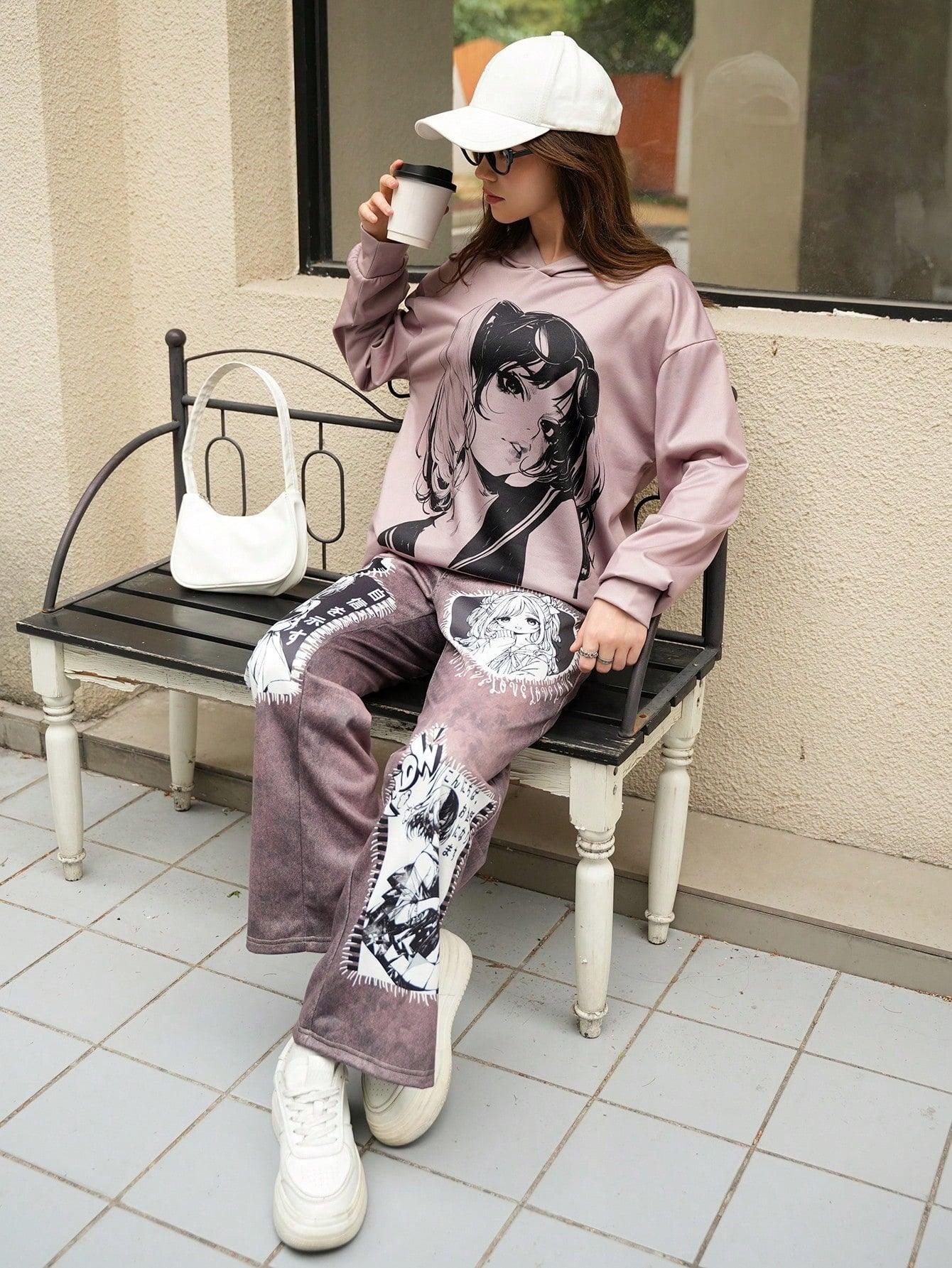 1- 2pcs/Set Teen Girls Anime Graphic Hoodie And Pants, 2024 Autumn & Winter New Outfit - Smartify4u