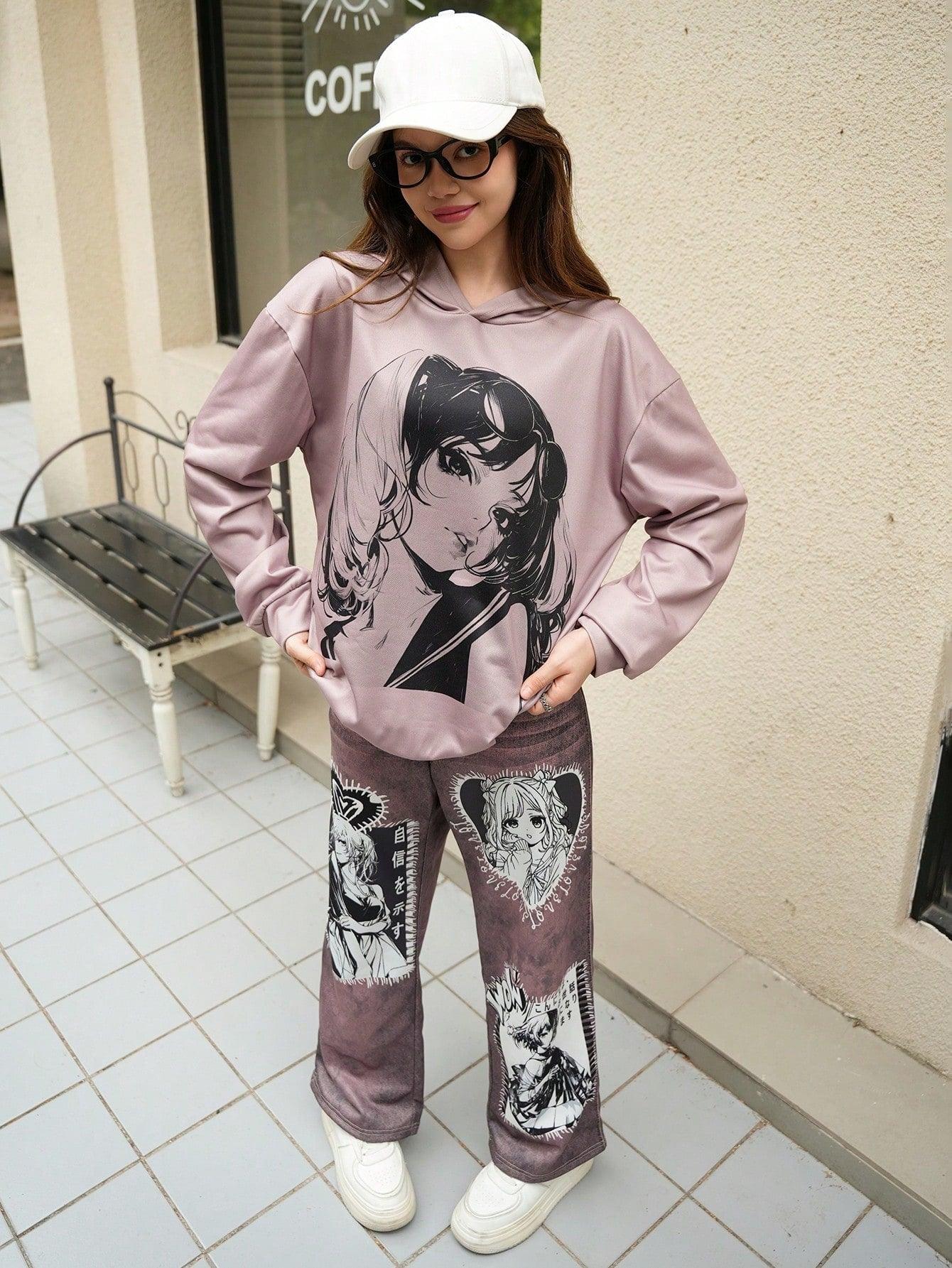 1- 2pcs/Set Teen Girls Anime Graphic Hoodie And Pants, 2024 Autumn & Winter New Outfit - Smartify4u