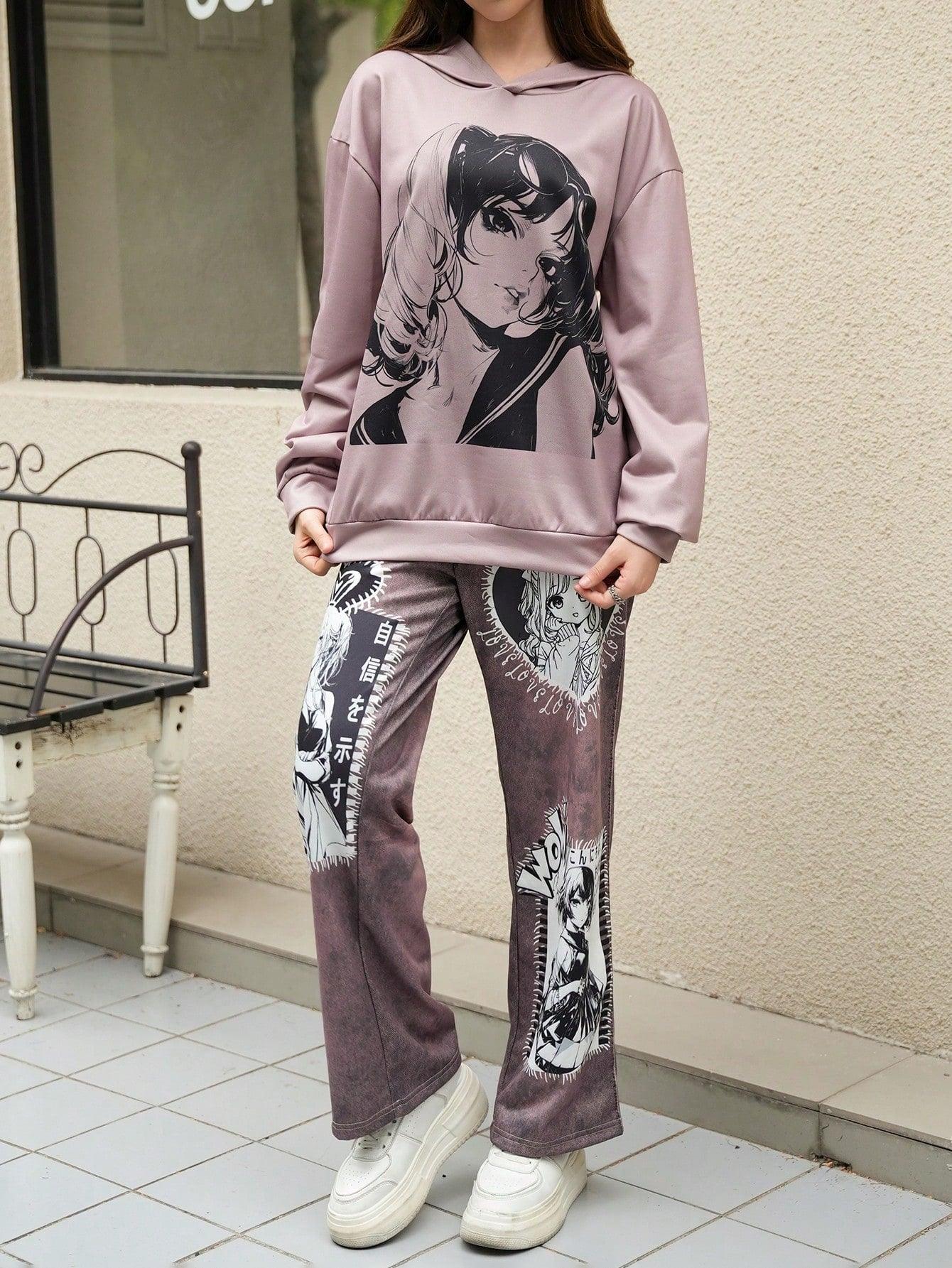 1- 2pcs/Set Teen Girls Anime Graphic Hoodie And Pants, 2024 Autumn & Winter New Outfit - Smartify4u