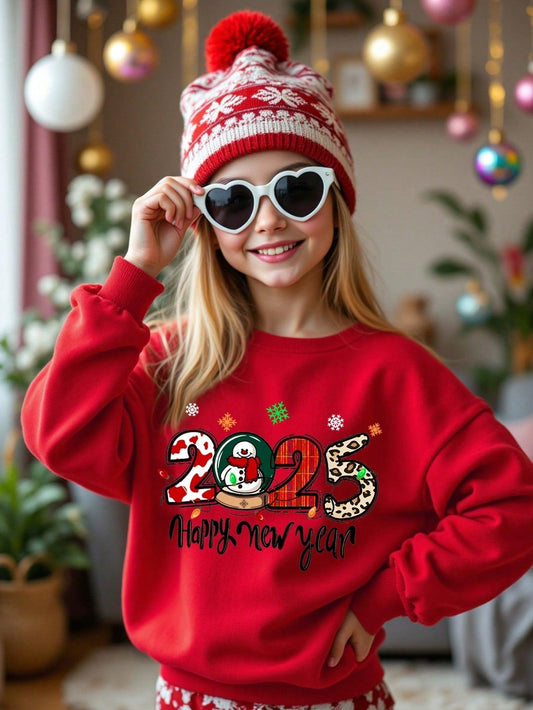 1- 2025 New Year Tween Girl Casual Crew Neck Thick Long Sleeve Sweatshirt, Suitable For Autumn/Winter - Smartify4u