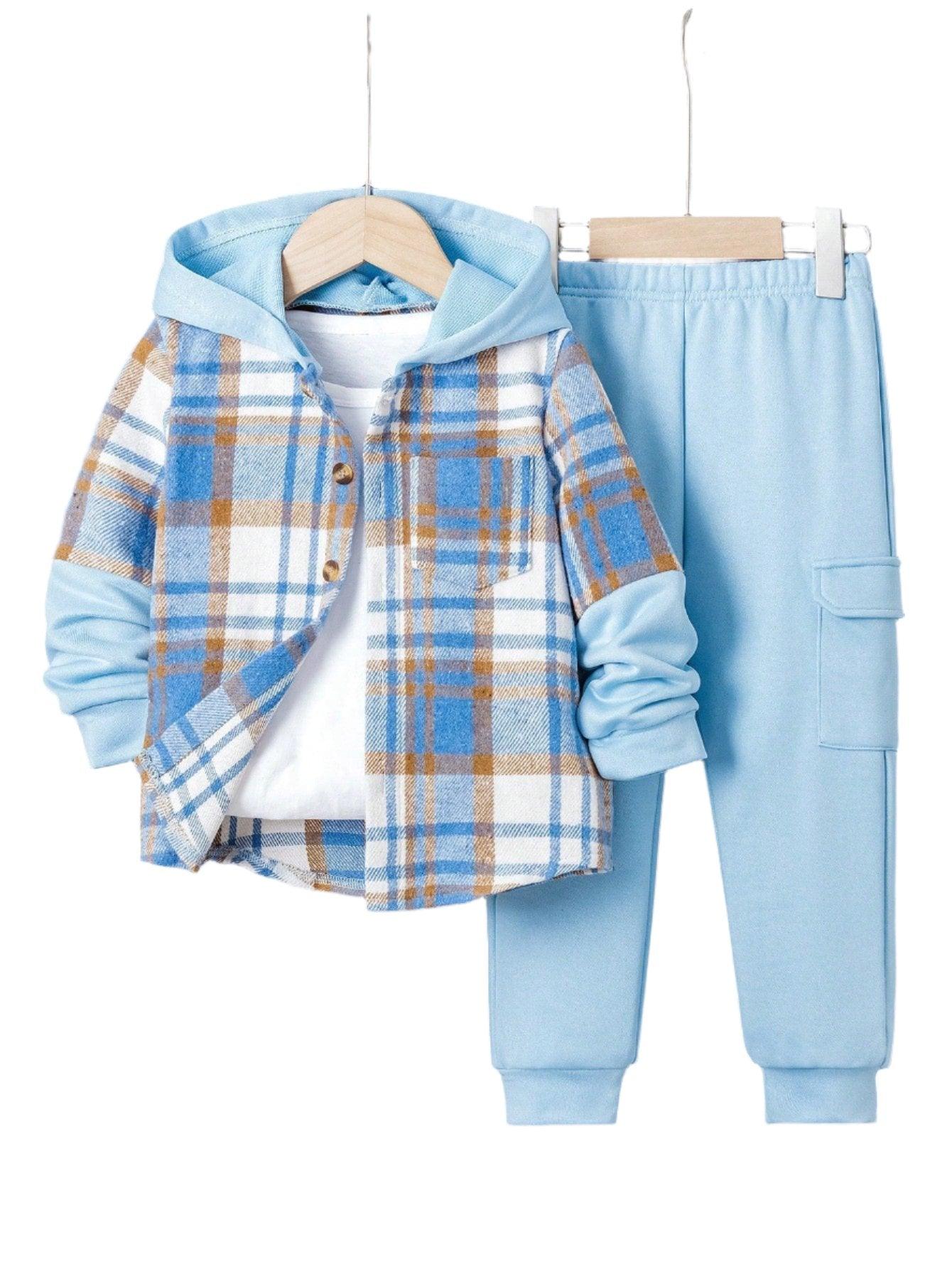 2pcs/Set Toddler Boys Casual Plaid Patchwork Hooded Jacket And Sweatpants Set, Suitable For Autumn/Winter - Smartify4u