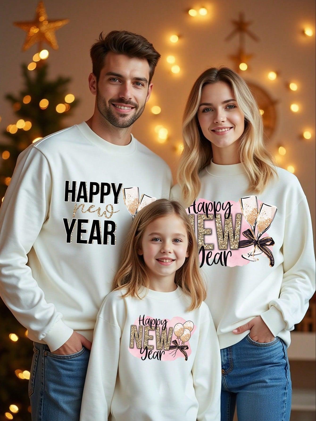 1- Young Girls Casual New Year Slogan Imitation Sequin Balloon Bow Pattern Printing Round Neck Thermal Lined Sweater Autumn And Winter New Year Party Wear Family Matching Outfits Mommy And Me(3 Pieces Are Sold Separately) - Smartify4u