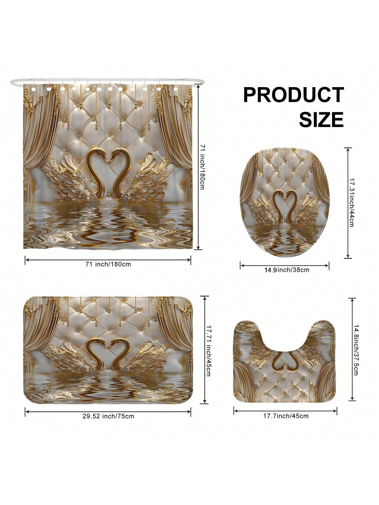 art- 1/4pcs Polyester Waterproof Machine Washable 3d Luxury Shower Curtain Set Swan Drape Gold White Non-Slip Bathmat U-Shape Toilet Mat Lid Cover 71*71 Inch Bathroom Decor