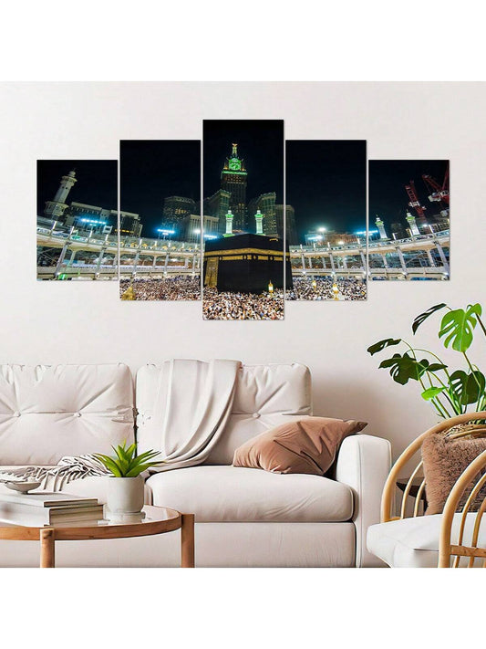 art- 5pcs/Set Kaba Canvas Painting Wall Art, Islamic Pilgrimage Landscape Wall Art, Waterproof Odorless Home Decor Oil Painting