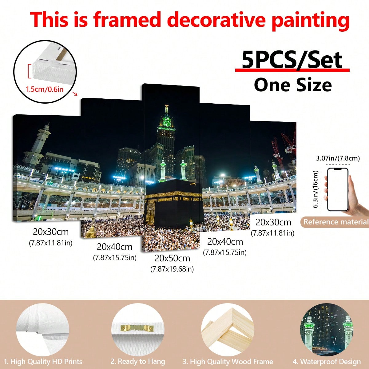 art- 5pcs/Set Kaba Canvas Painting Wall Art, Islamic Pilgrimage Landscape Wall Art, Waterproof Odorless Home Decor Oil Painting