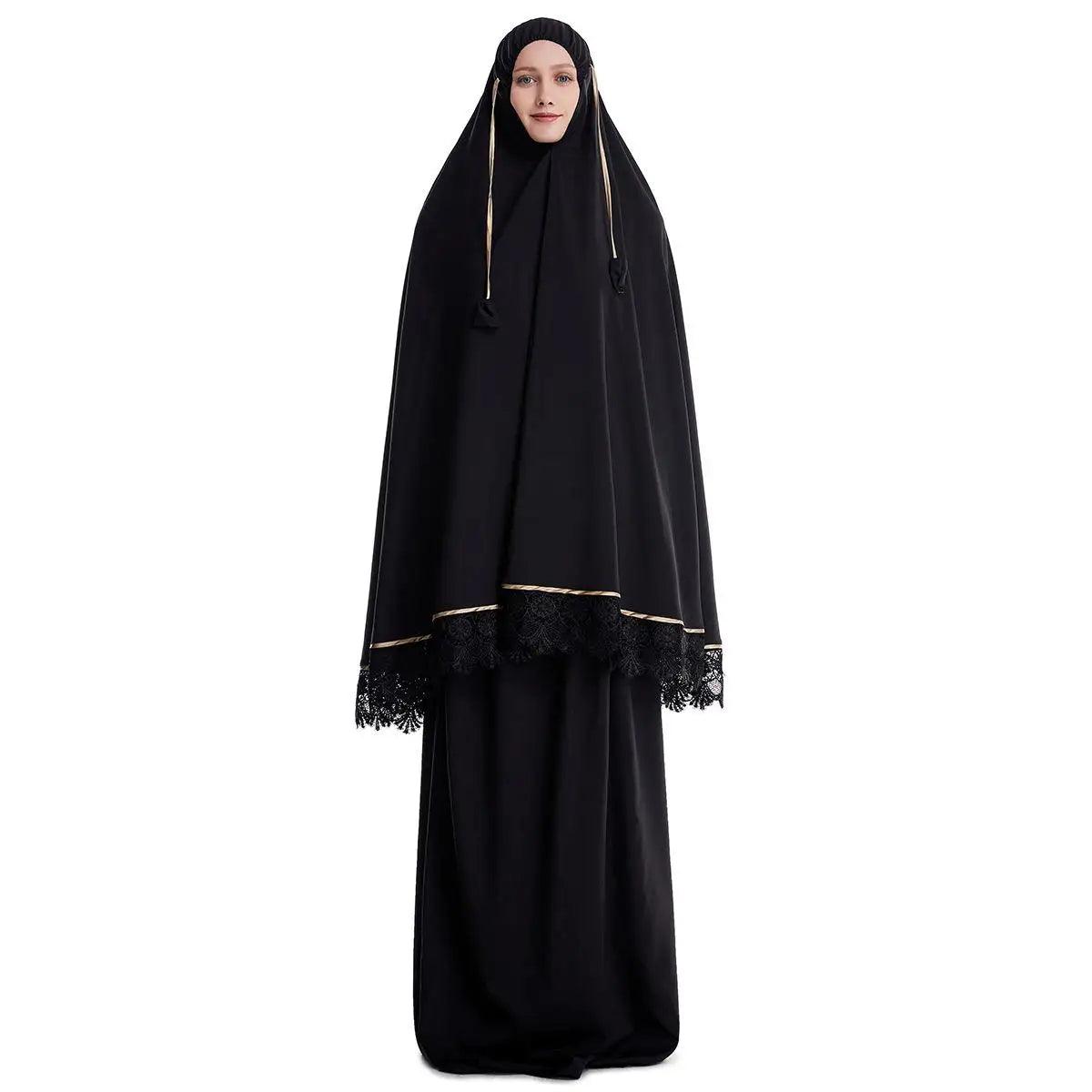 AAI- Women Hijab Abaya Muslim Prayer Garment Clothes Islamic Niqab Khimar Caftan Full Cover Dress 2pcs - Smartify4u