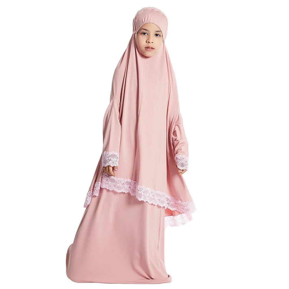 AAI- Set Prayer Garment Lace Dress Muslim Kids Girls Abaya Gowns Overhead Hijab Long Khimar 2 Piece - Smartify4u