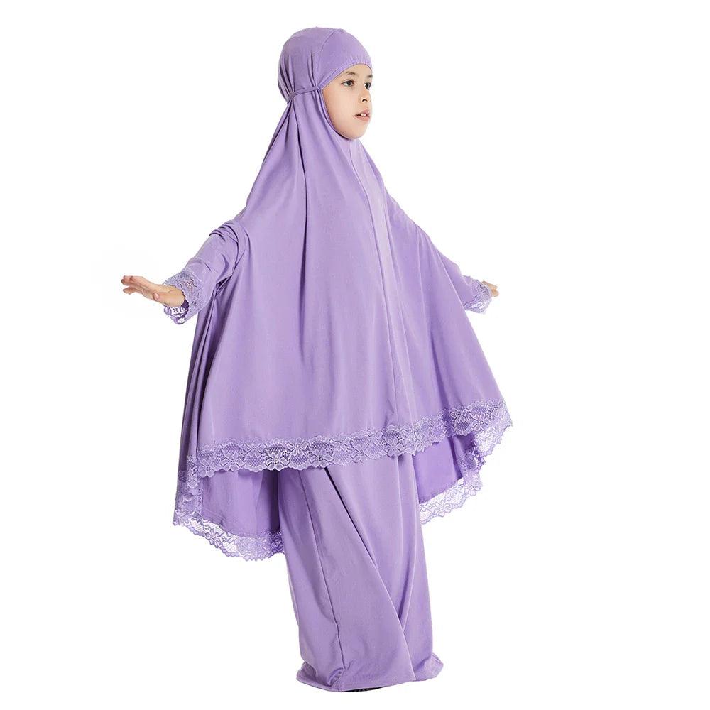 AAI- Set Prayer Garment Lace Dress Muslim Kids Girls Abaya Gowns Overhead Hijab Long Khimar 2 Piece - Smartify4u